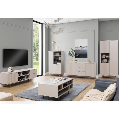 Zestaw Mebli pokojowych NUBIA 1 komoda regał ława na nóżkach ryflowane cashmere czarny do pokoju salonu