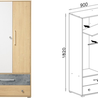 szafa 90 dwudrzwiowa Step 01 garderoba z półkami szufladami drążkiem dąb biszkoptowy + biały + beton do pokoju sypialni