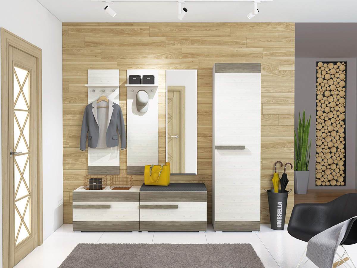 zestaw mebli garderoba Blanco 2 lustro wieszak szafa siedzisko komplet sosna śnieżna do przedpokoju korytarza