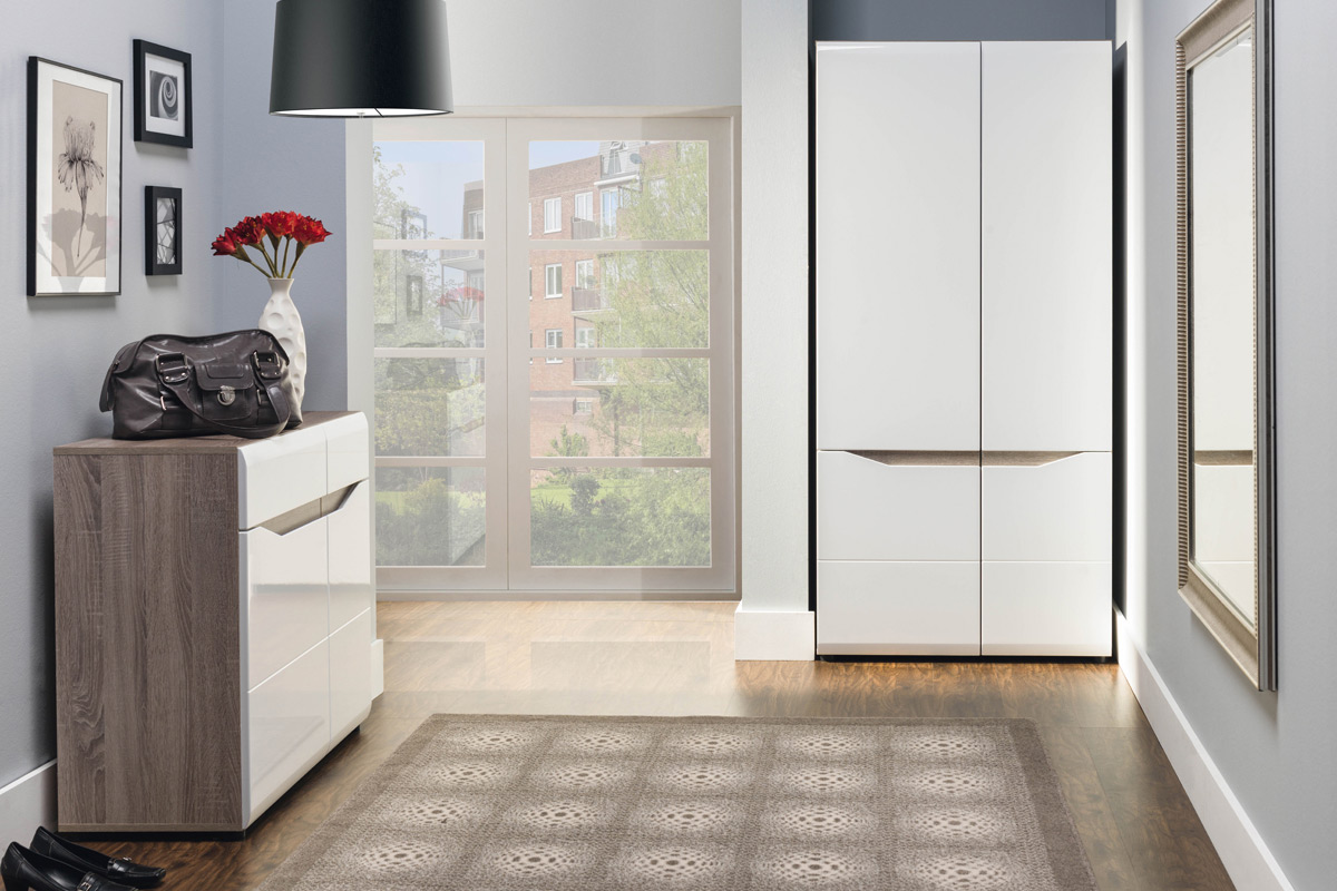 zestaw mebli Lionel 6 komoda szafa biała w połysku do pokoju sypialni