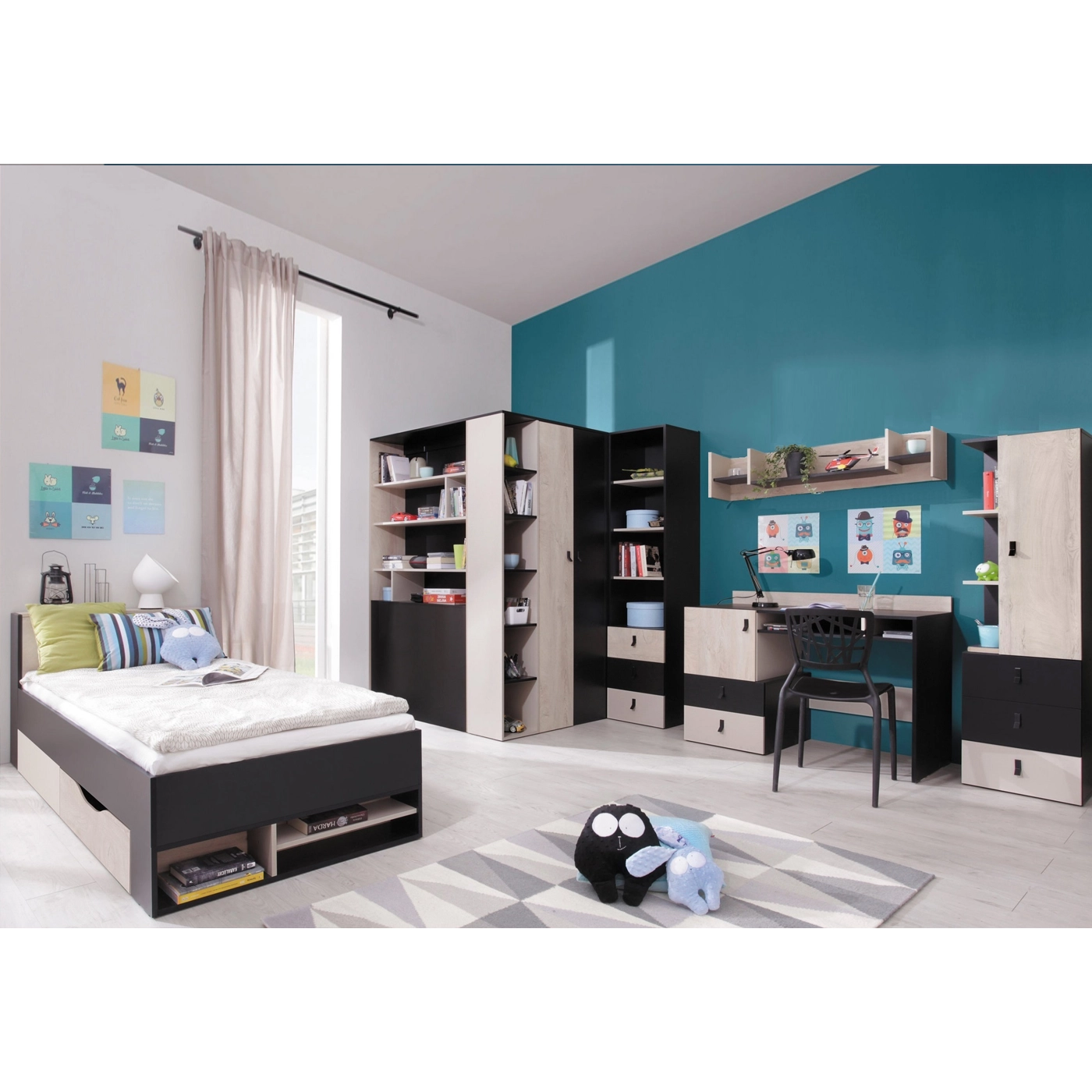 zestaw duży młodzieżowy Planet 4 łóżko szafa narożna biurko regał