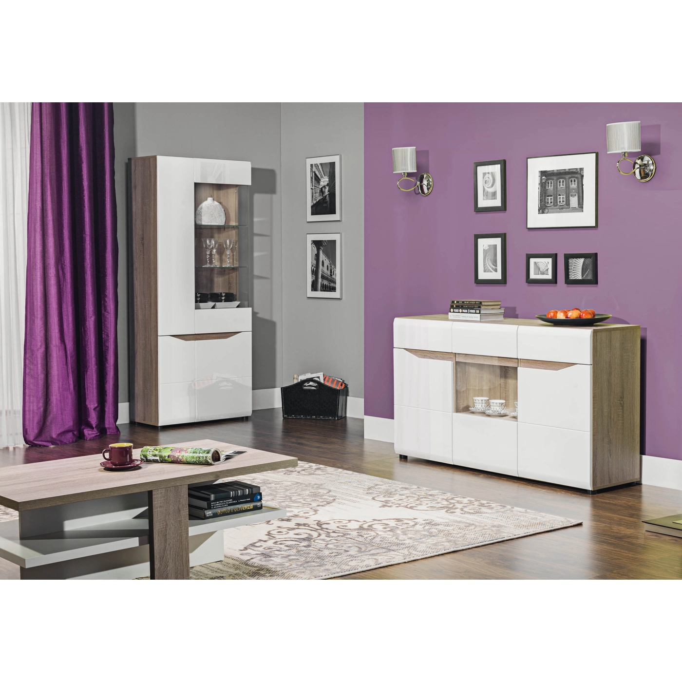 zestaw Lionel 5 witryna komoda z barkiem ława do pokoju salonu