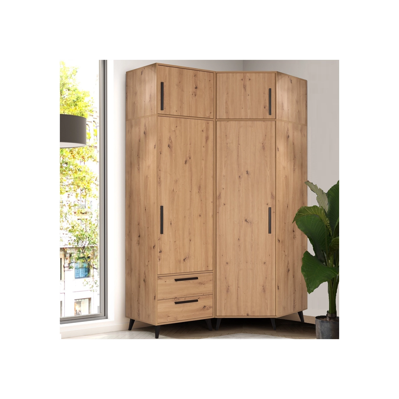 zestaw narożna wysoka szafa ARTI 8 z nadstawką nogami szufladami