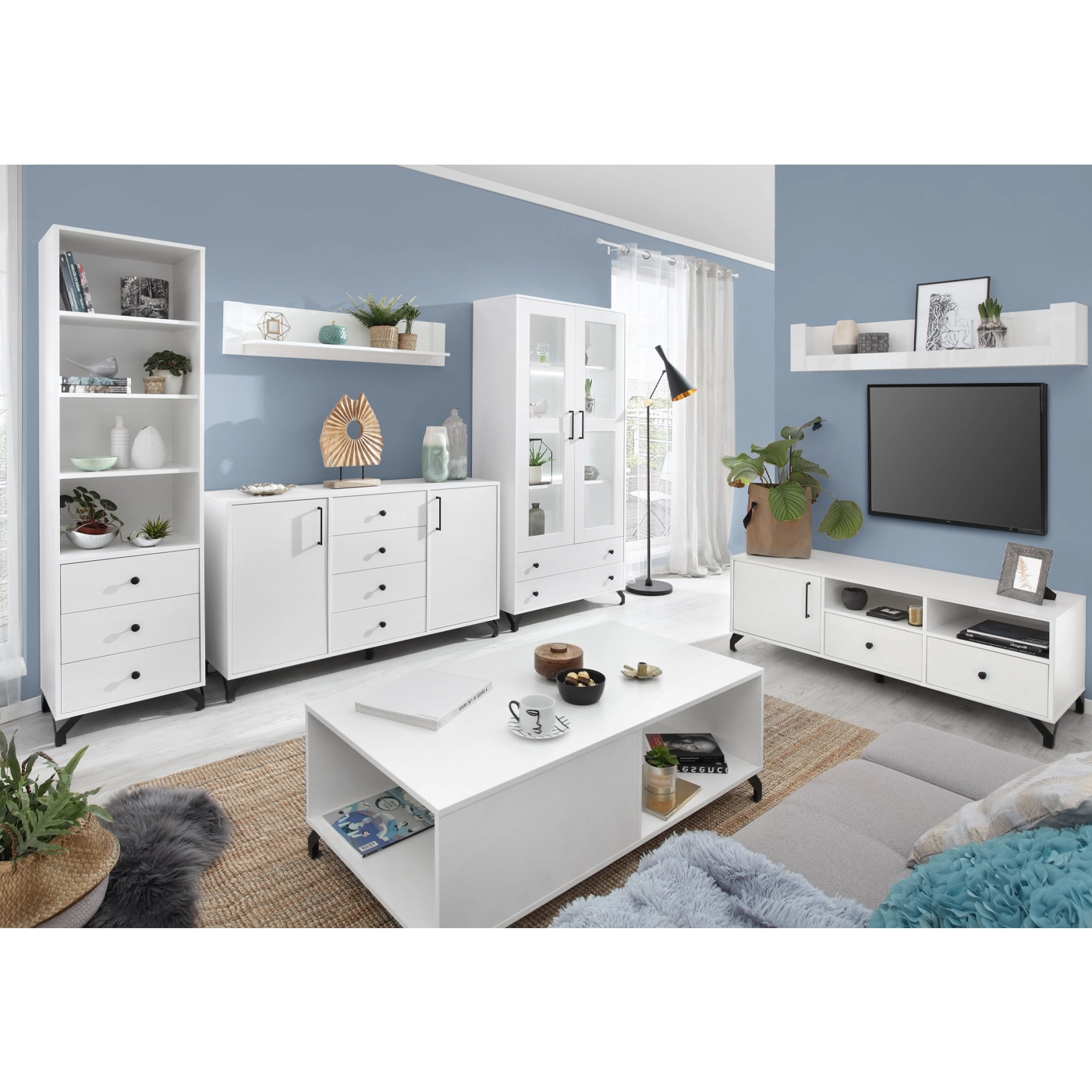 zestaw nowoczesny na nóżkach Bergen B1 komoda witryna ława biała