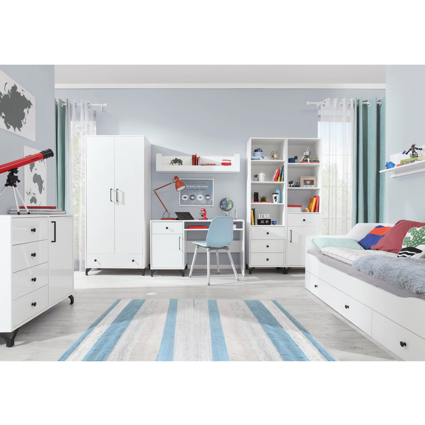 zestaw duży mebli Bergen C biurko łóżko komoda szafa biała w połysku