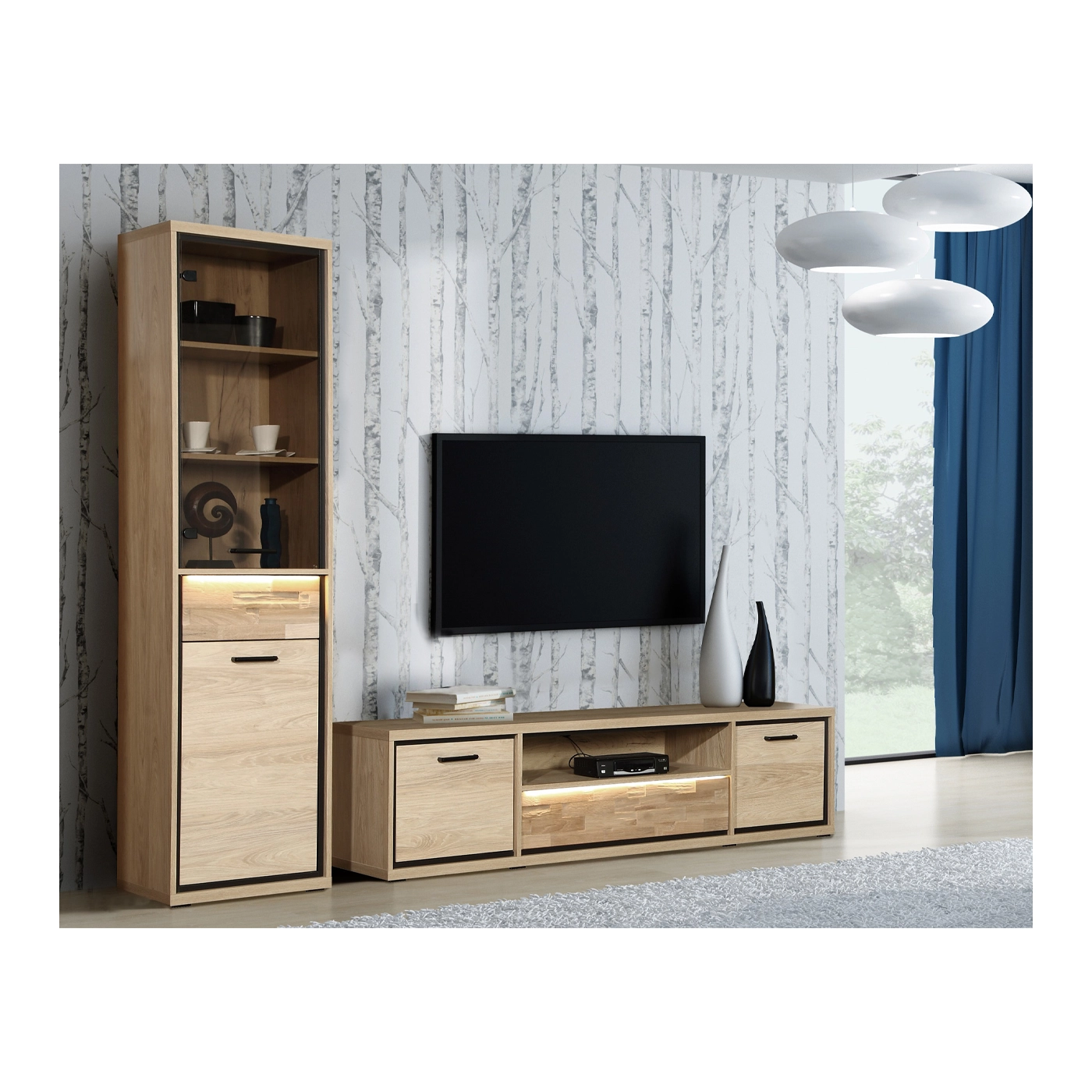 zestaw mebli mały komplet Mediolan 2 witryna rtv szafka do pokoju