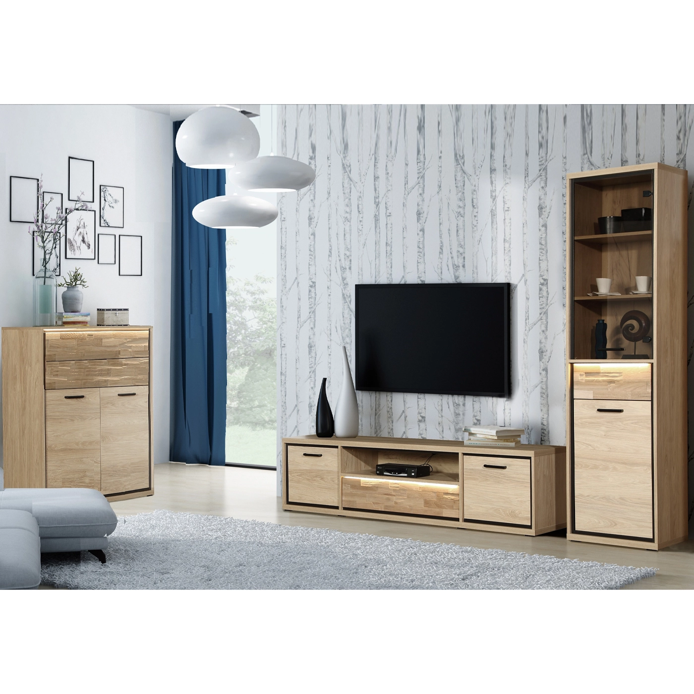 zestaw mebli pokojowych Mediolan G komoda rtv szafka witryna dąb