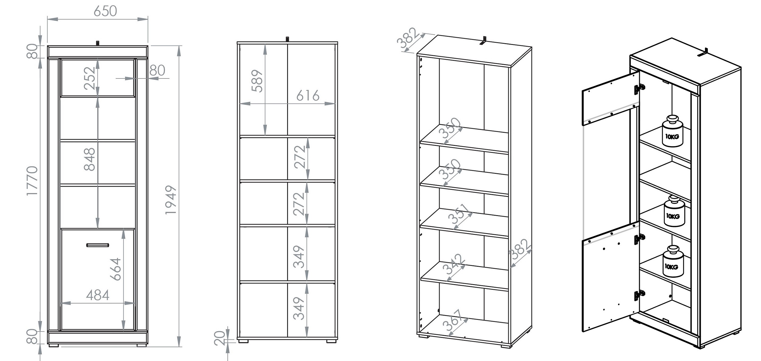 witryna 65 z oświetleniem Dora 02 wysoki wąski słupek z drzwiami regał