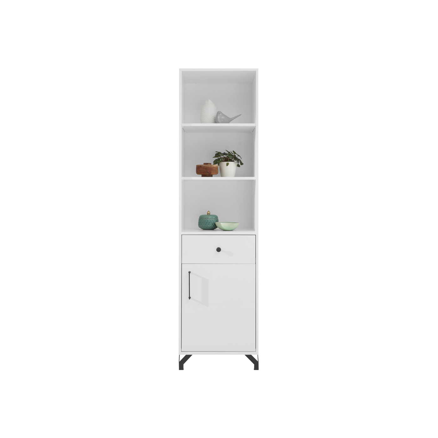 regał 50 z szafką szufladą Bergen 05 L/P słupek wąski na nóżkach biały