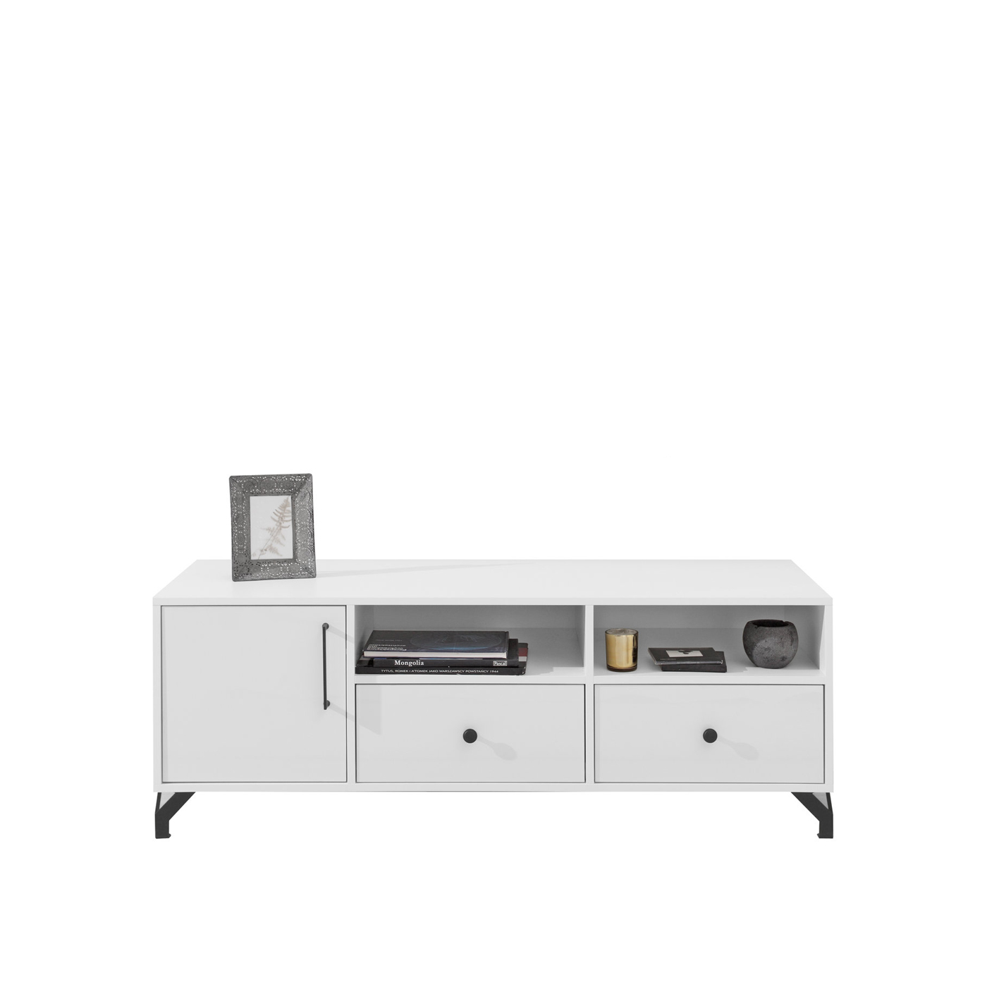 szafka 140 rtv z szufladami na nóżkach Bergen 08 pod telewizor biała