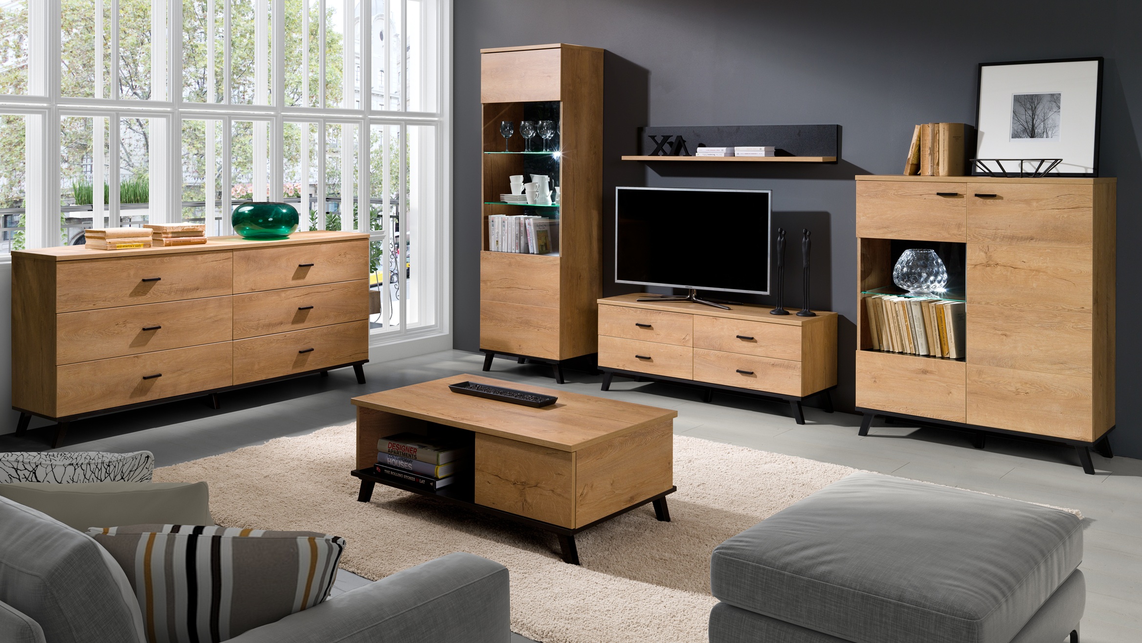 zestaw mebli nowoczesnych na nóżkach John 3 komplet loft komoda witryna szafka rtv ława dąb lefkas czarny do salonu pokoju