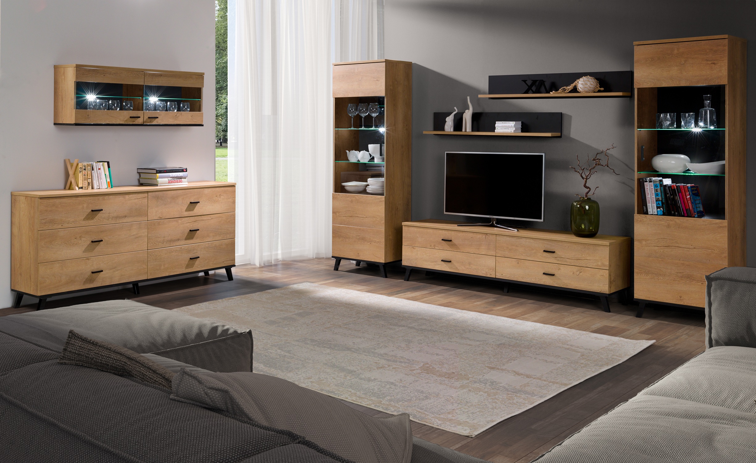 zestaw mebli loft John 1 komplet komoda witryna szafka rtv półka