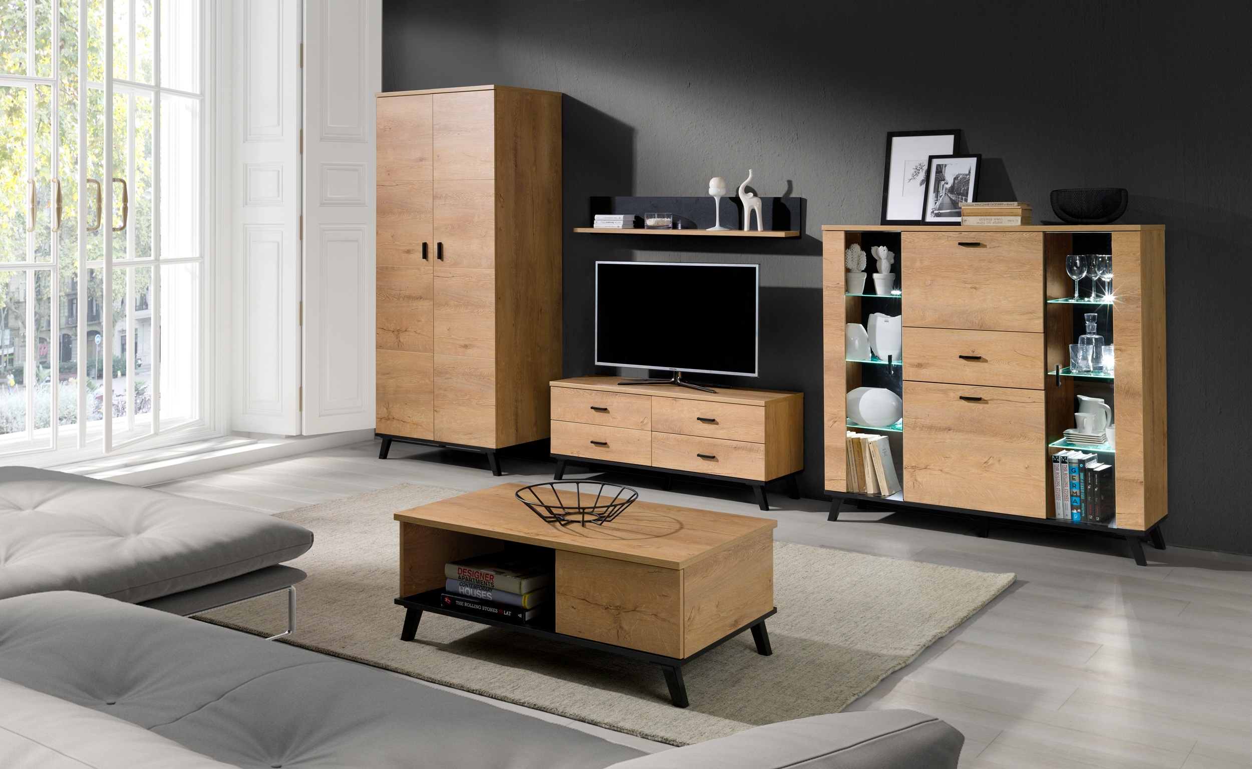 zestaw mebli na nóżkach John 2 meblościanka z ławą szafa rtv komoda komplet dąb lefkas czarny do pokoju salonu