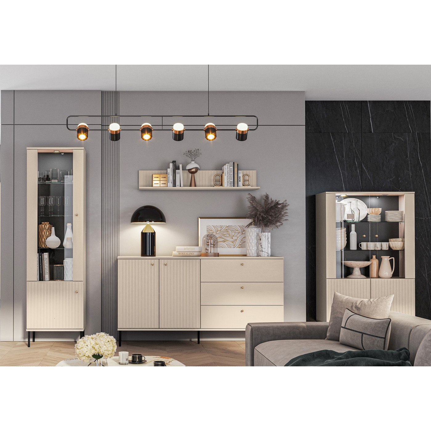 zestaw Sophie A nowoczesna meblościanka frezowana na nóżkach glamour