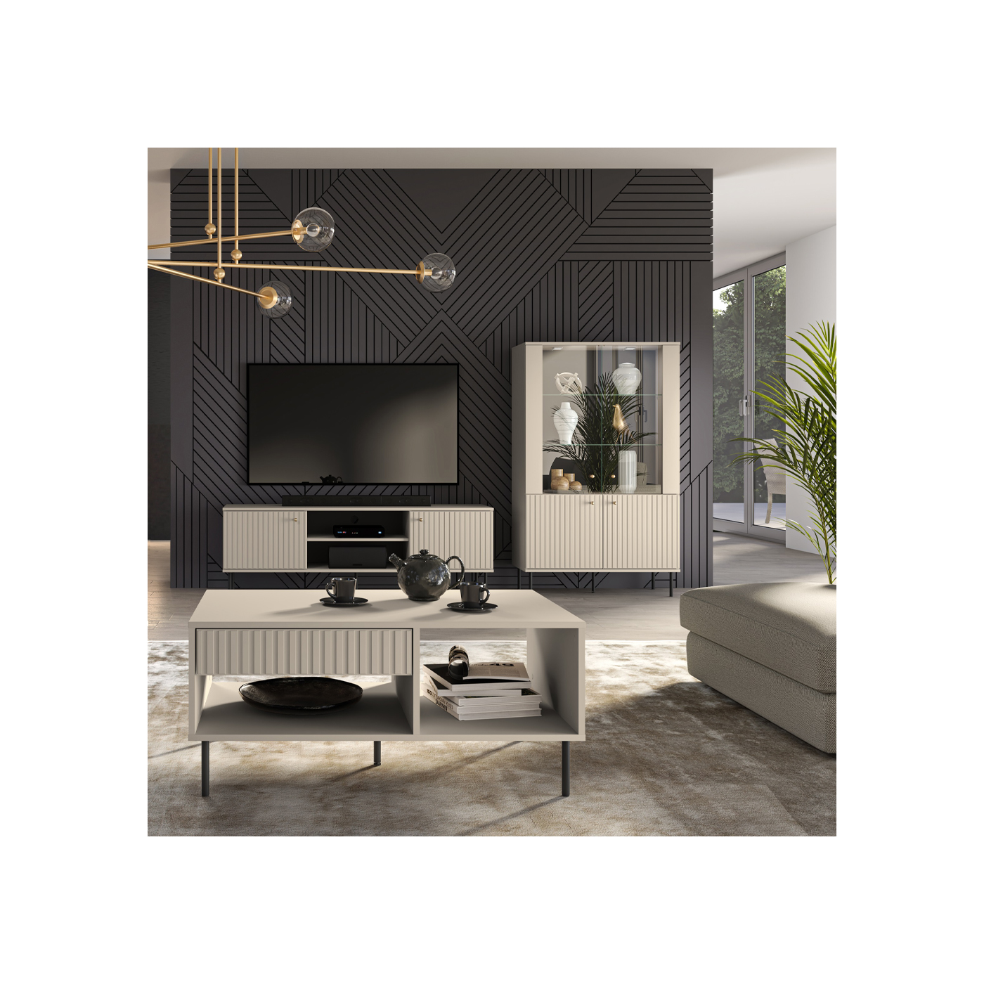 zestaw mebli na nóżkach ryflowane Sophie C witryna szafka rtv ława