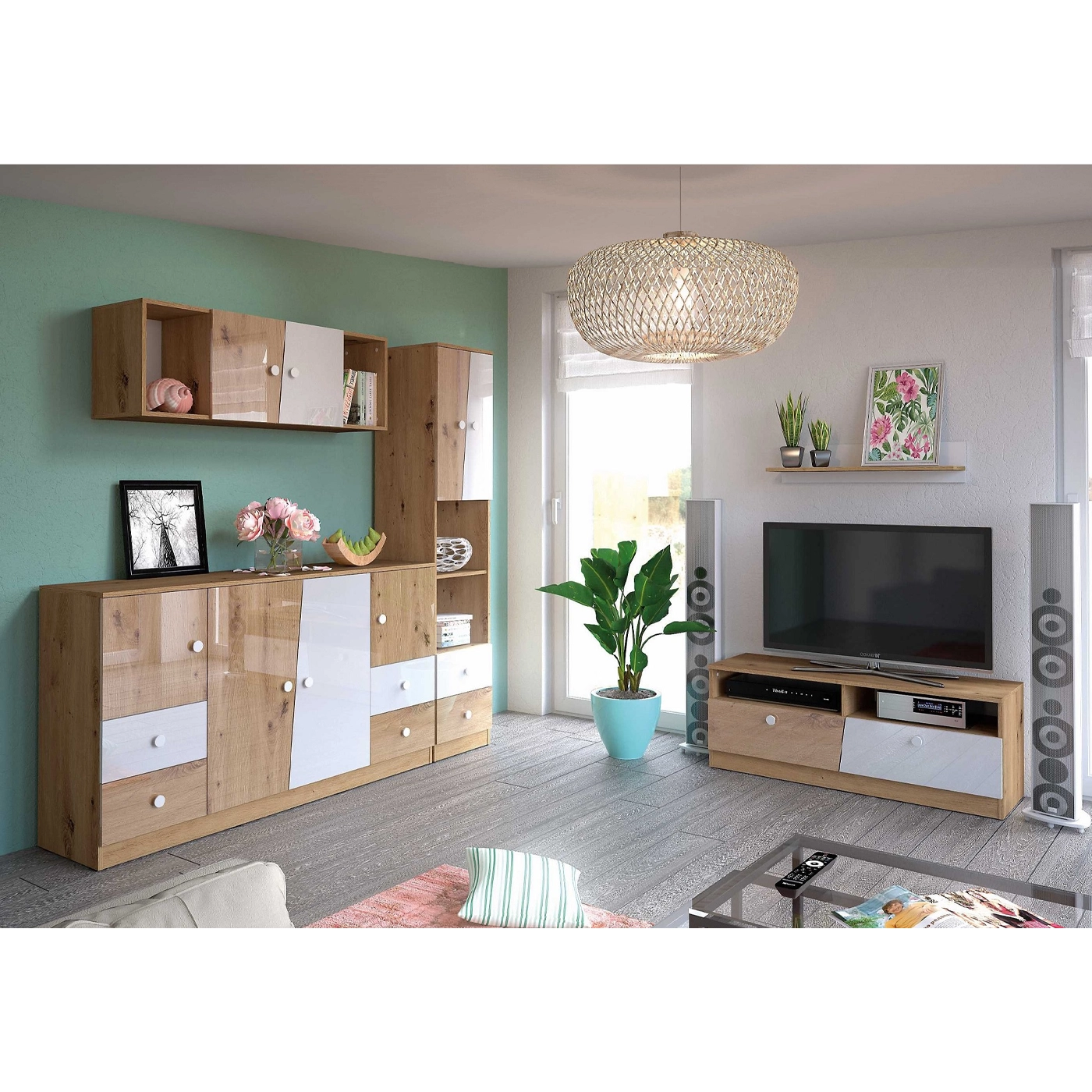 zestaw mebli pokojowych Nero 1 komoda rtv szafka regał w połysku