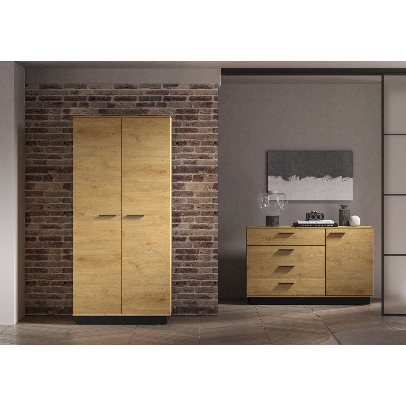 zestaw Modesto 4 szafa komoda loft dąb czarny do pokoju sypialni korytarza