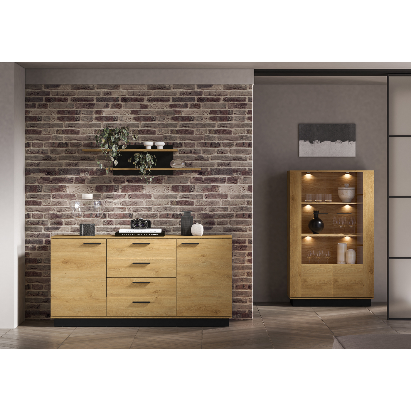 zestaw z oświetleniem Modesto 6 komoda witryna loft do pokoju