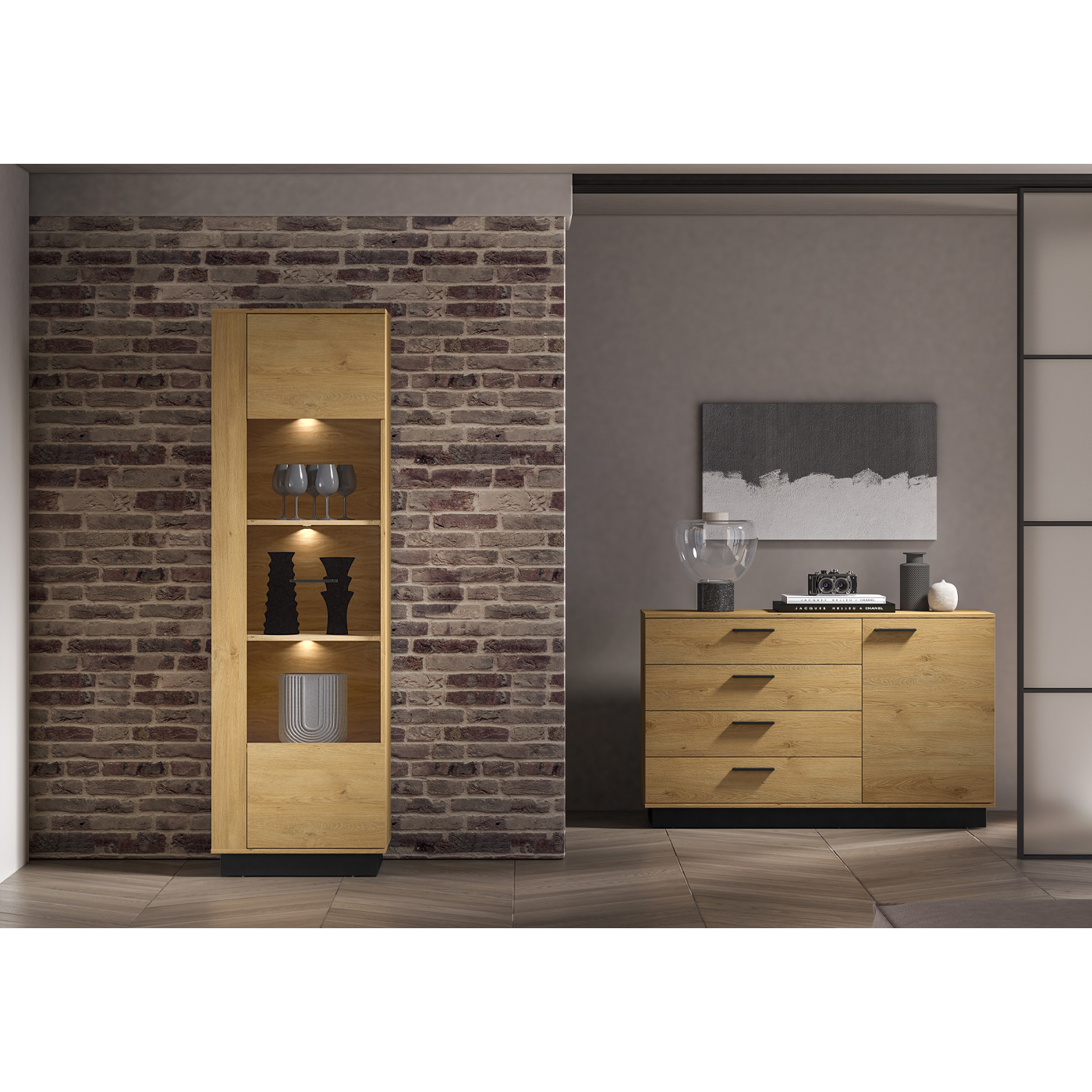 zestaw Modesto 7 witryna z oświetleniem komoda komplet do pokoju