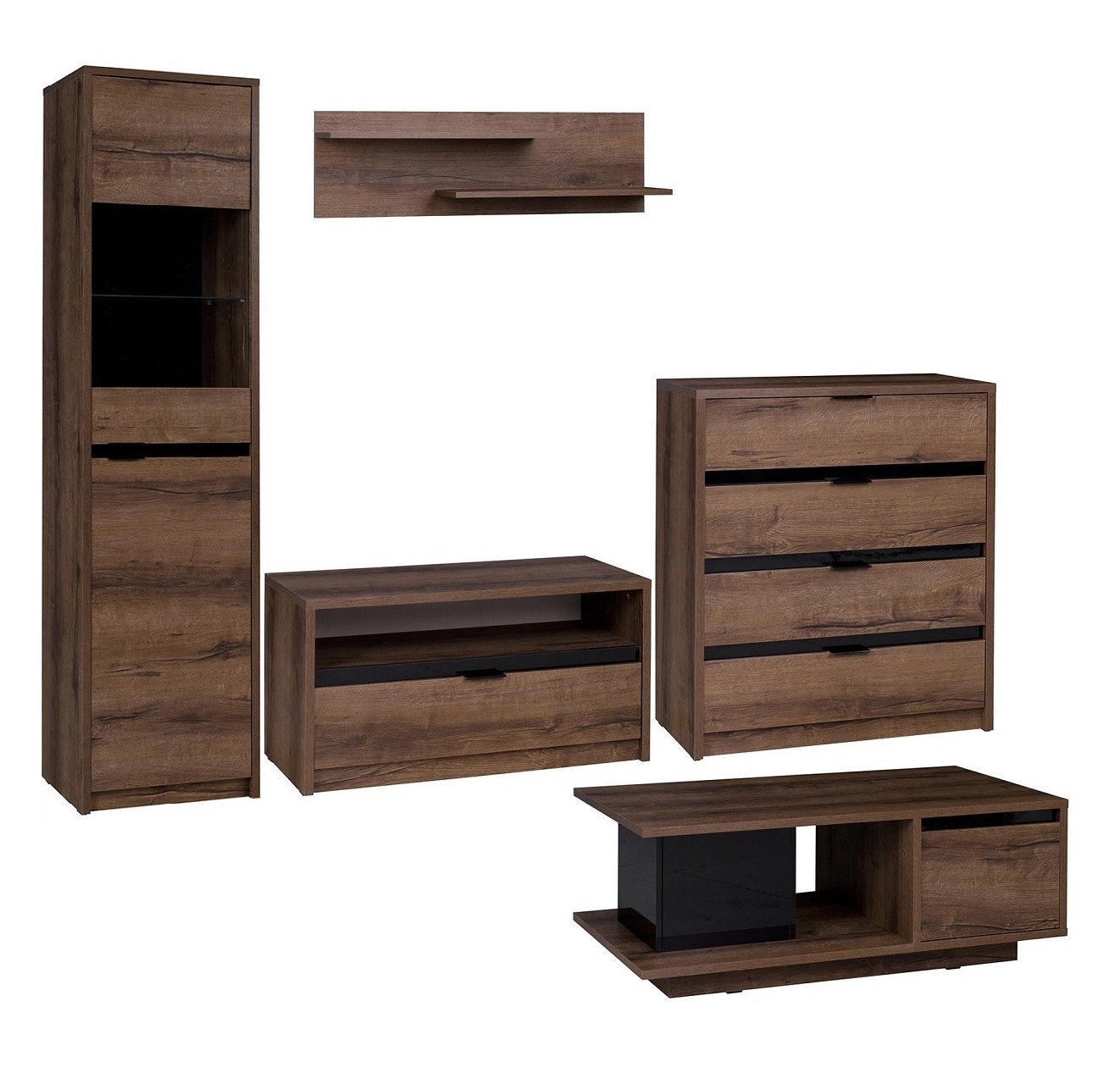 zestaw mebli pokojowych Denver 1 meblościanka witryna rtv komoda ława dąb monastery + czarny połysk do pokoju salonu