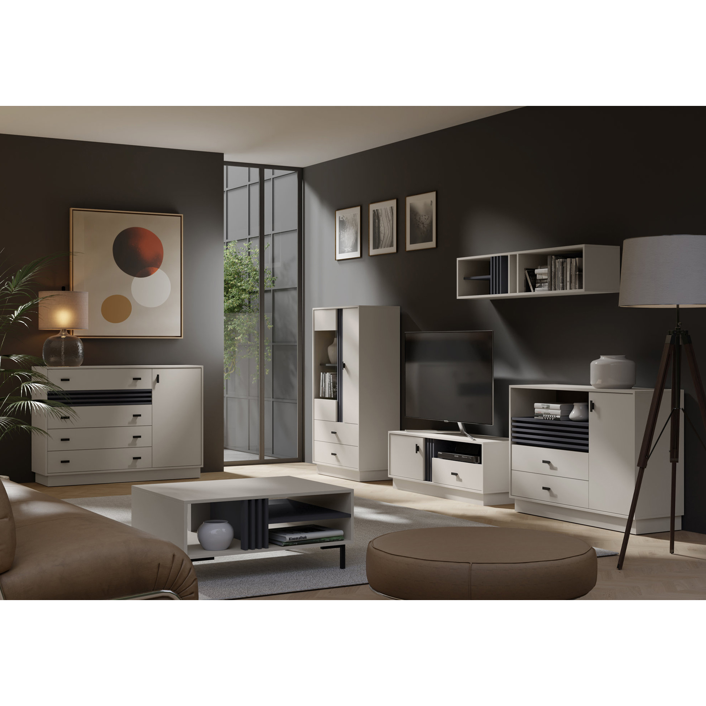 zestaw nowoczesny Allmo 9 komoda witryna rtv szafka ława z lamelami