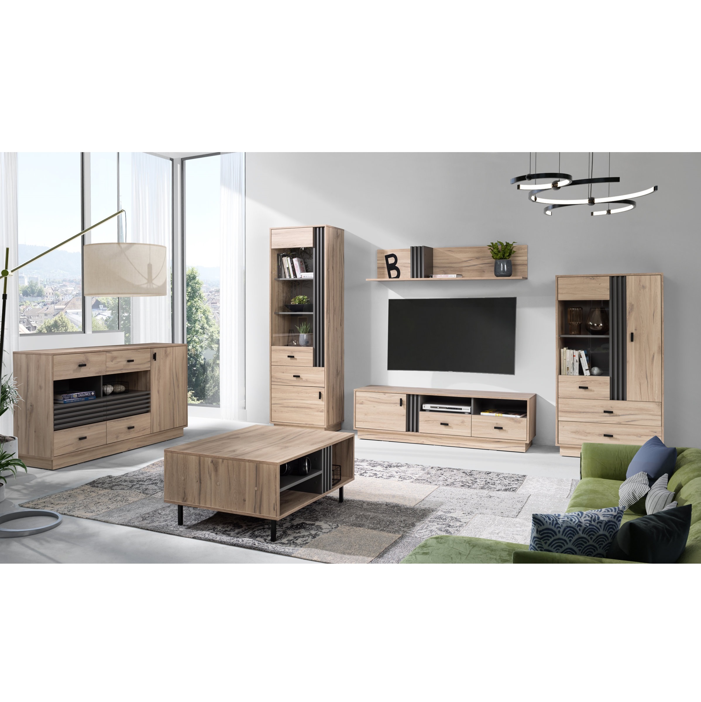 zestaw nowoczesny z lamelami Allmo 4 witryna komoda ława rtv komplet