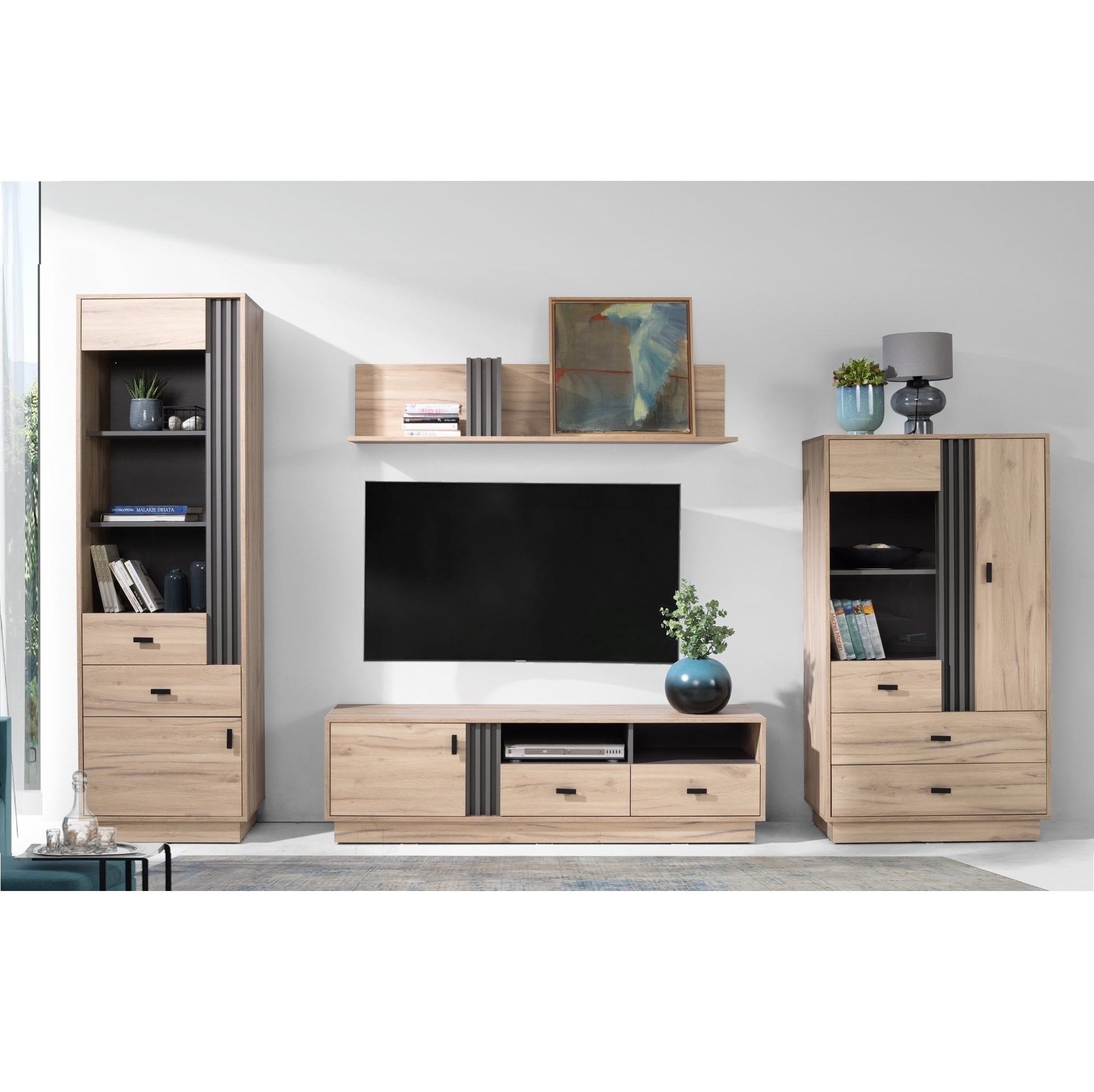 zestaw meblościanka z lamelami Allmo 5 witryna komoda ława rtv