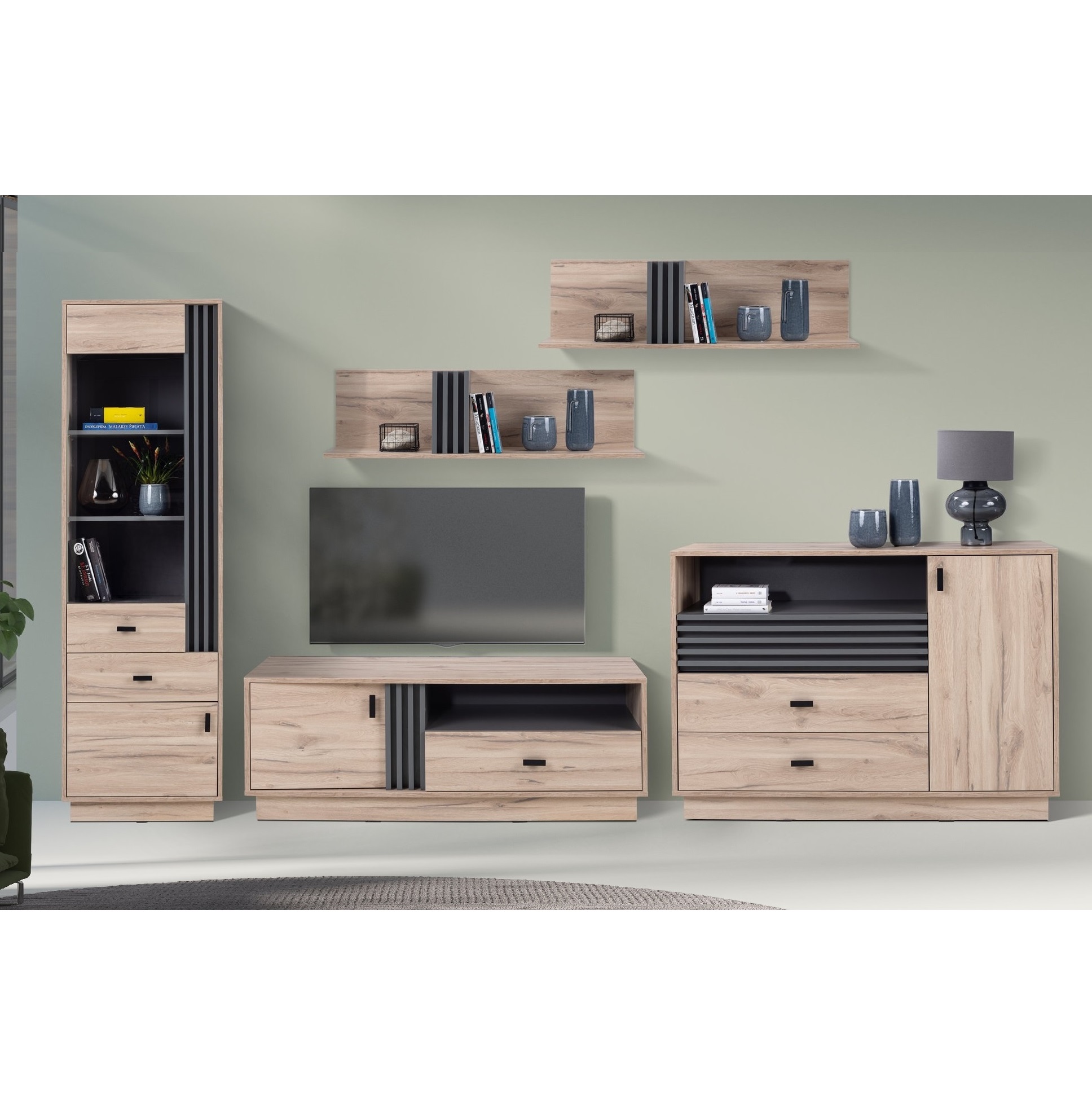 zestaw meblościanka nowoczesna Allmo 6 witryna komoda rtv komplet