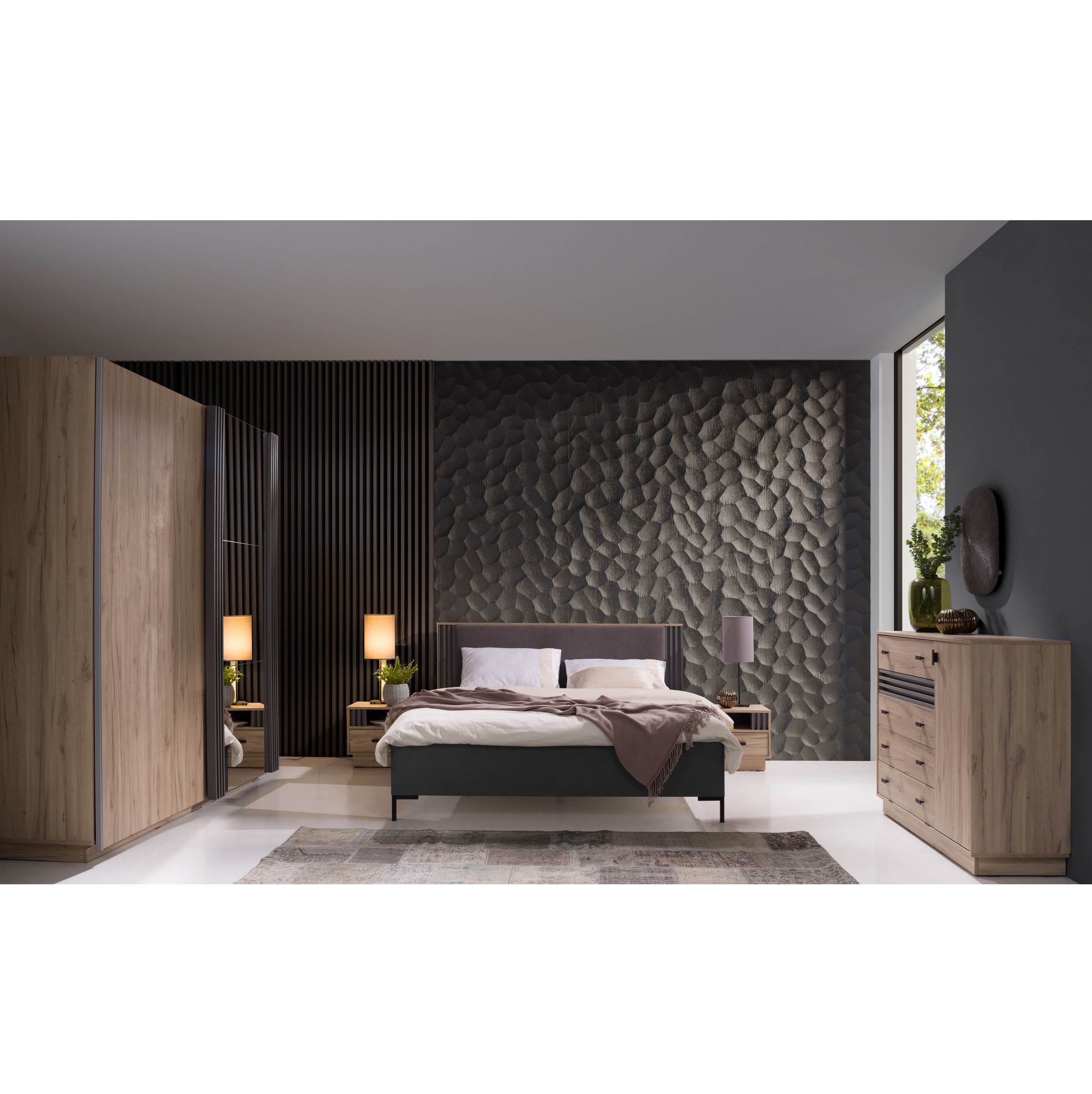 zestaw sypialnia nowoczesna Allmo 7 łóżko komoda szafa z lustrem