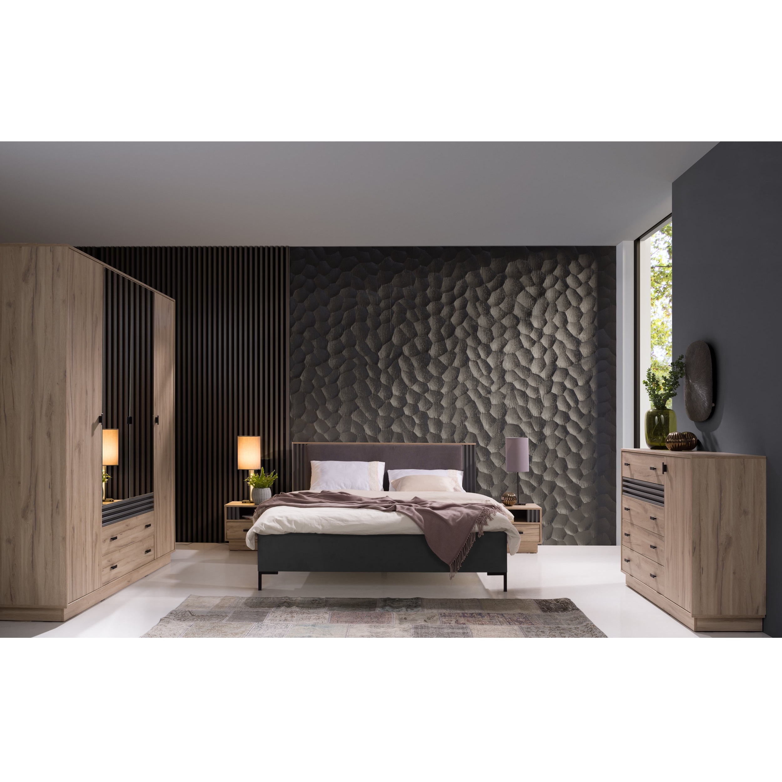 zestaw z lamelami Allmo 8 łóżko komoda z szufladami lustrem szafa