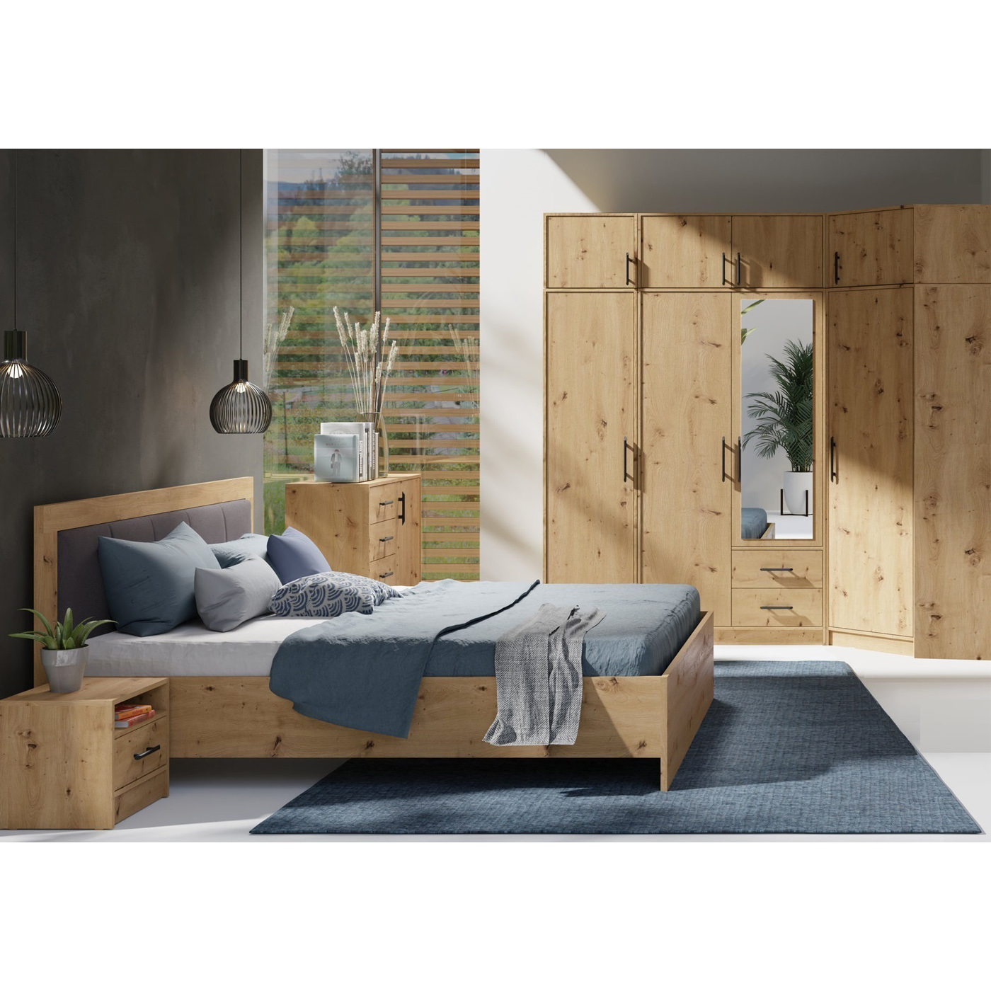 zestaw Smart L komoda łóżko z pojemnikiem rogowa szafa wysoka duża