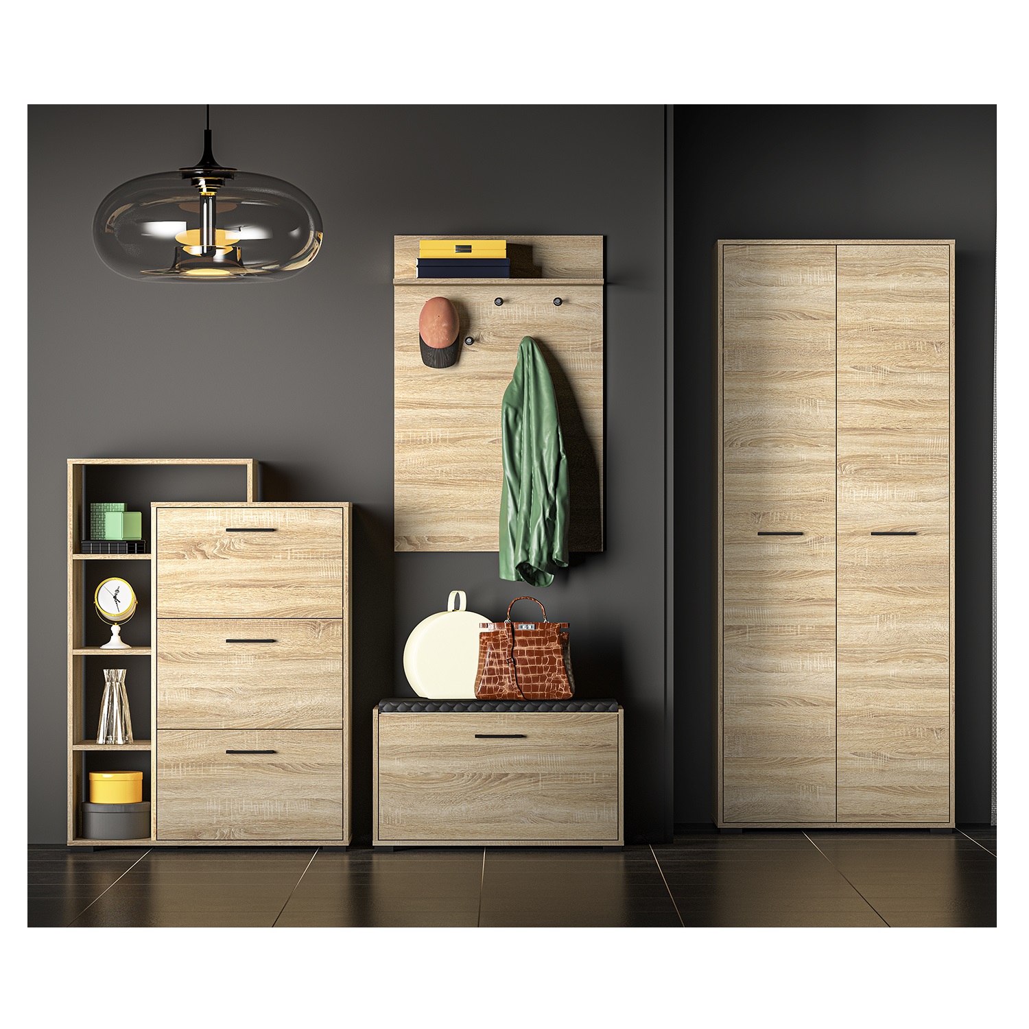 Zestaw garderoba Caro 2 szafa wieszak siedzisko szafka na buty