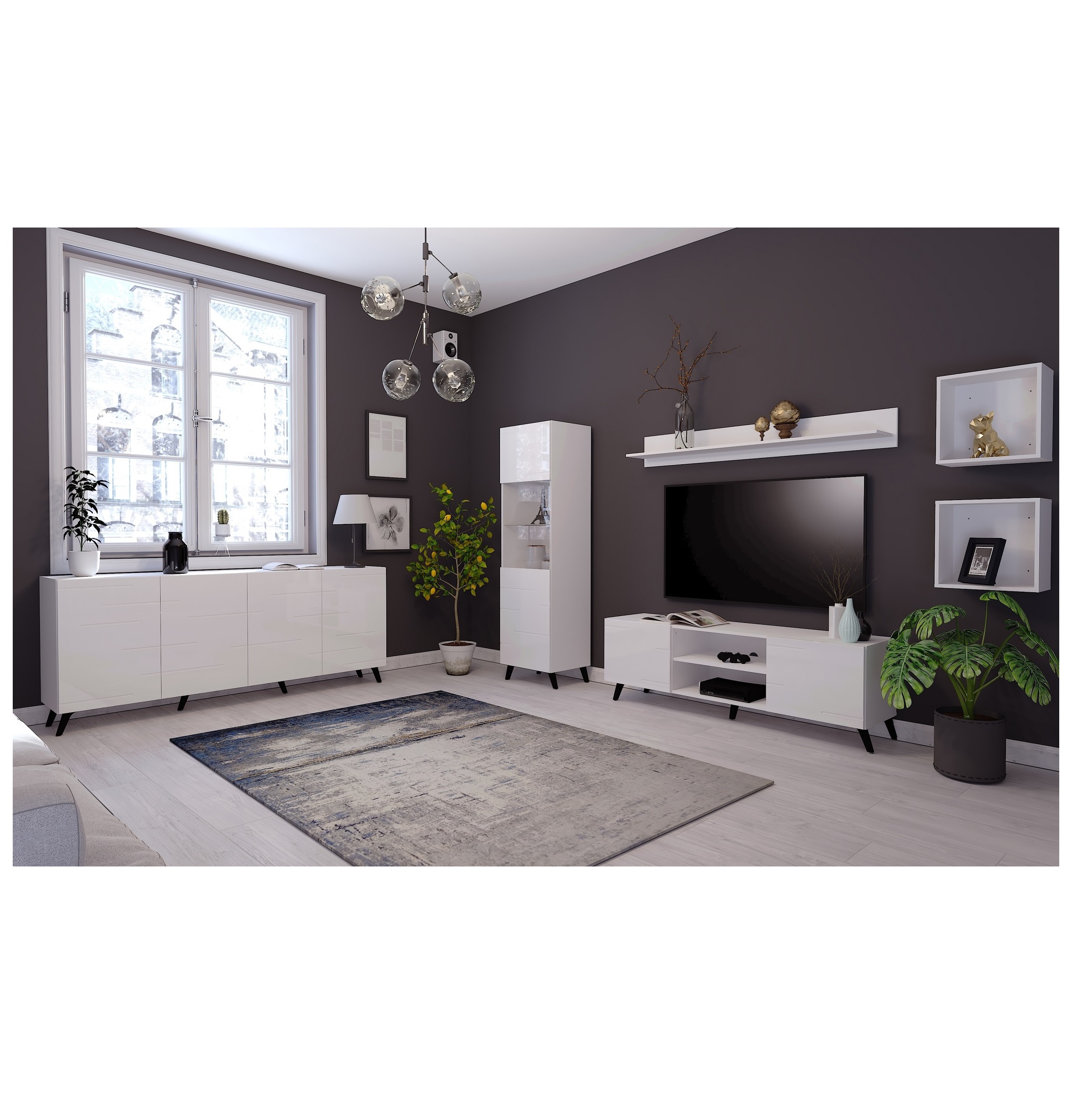 zestaw mebli frezowanych na nóżkach Diverse 2 komoda witryna rtv szafka biały czarny zielony dąb craft do pokoju salonu