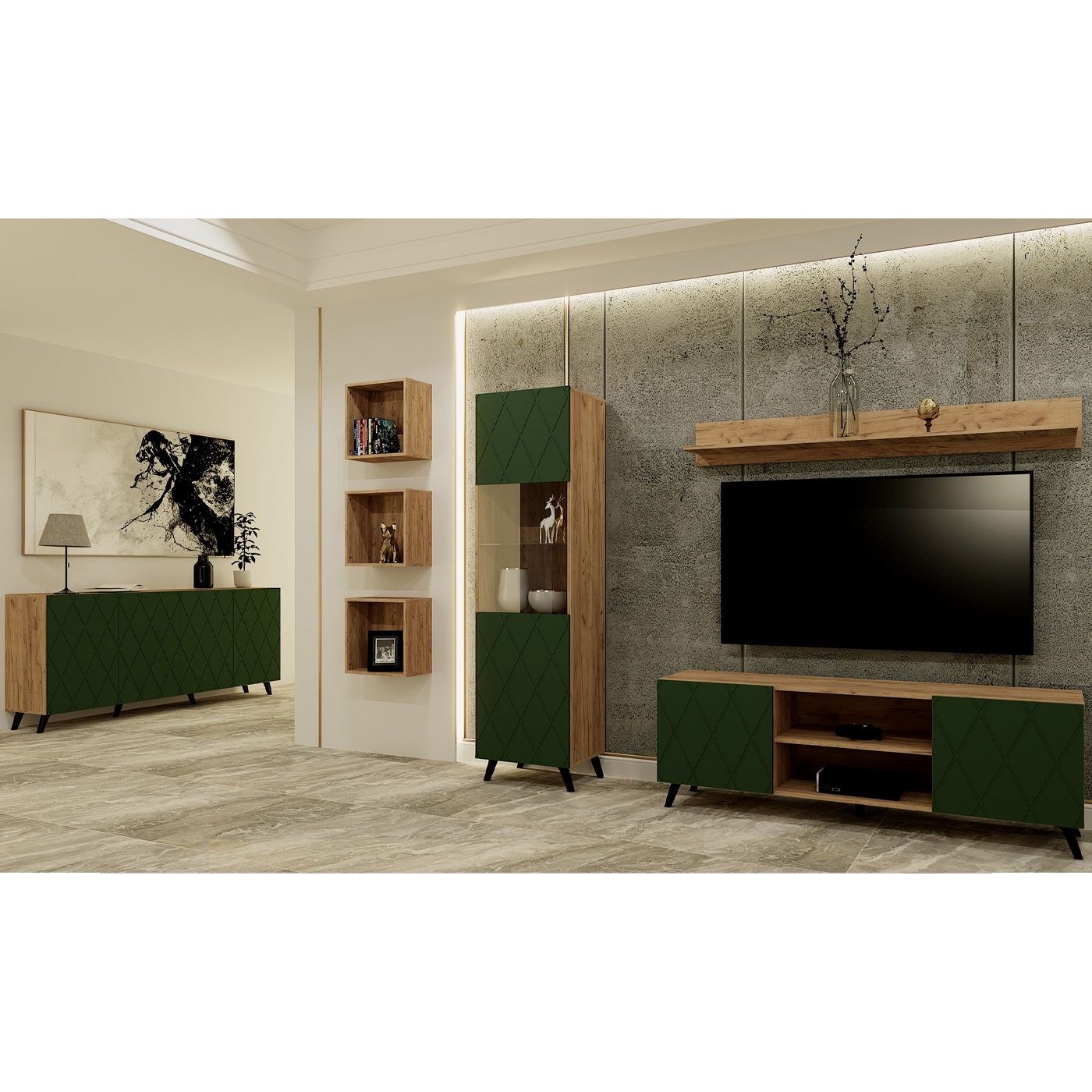 zestaw nowoczesne meble Diverse 5 komoda witryna szafka rtv na nogach