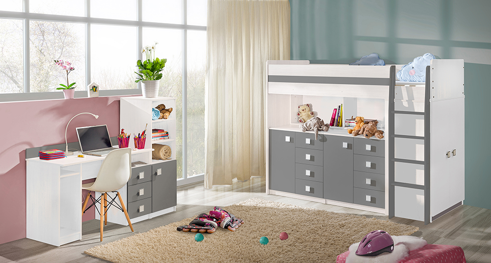 Łóżko piętrowe Uno 02 z regałem i biurkiem biel