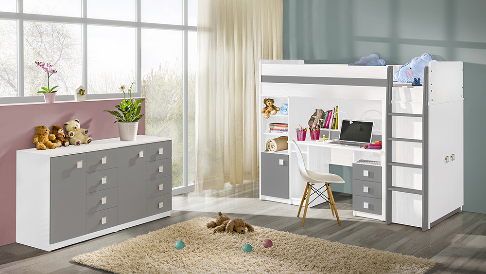 Łóżko z biurkiem Uno z komodami biel
