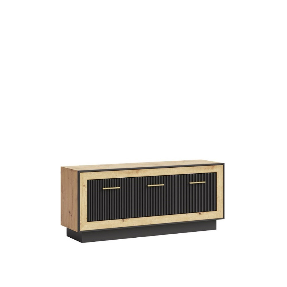 szafka 135 rtv trzydrzwiowa ryflowana Fox 04 dąb artisan / hunton / czarny stolik pod telewizor do pokoju salonu