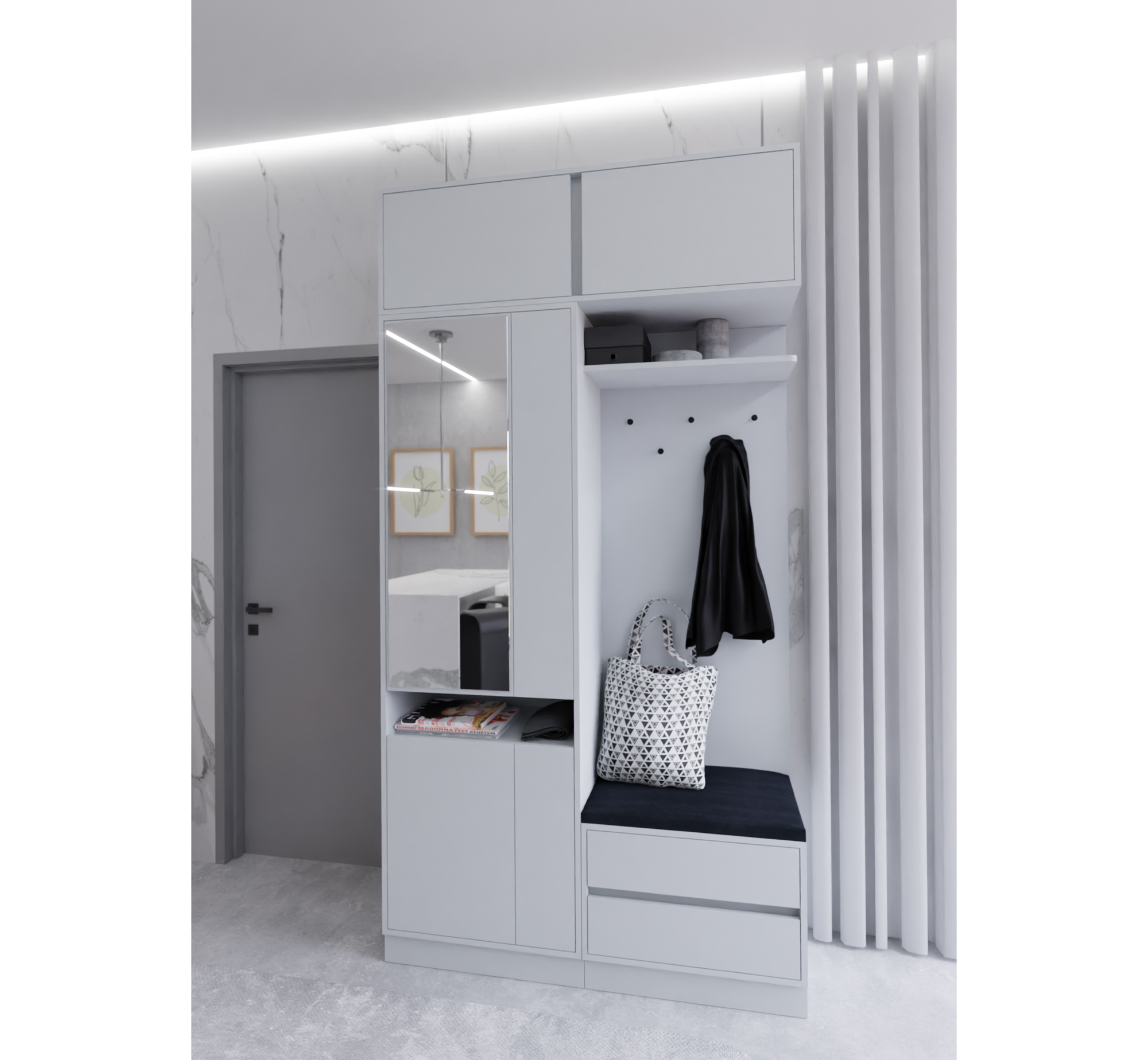 Wysoka garderoba z lustrem ARTI zestaw do przedpokoju z nadstawką jasny szary