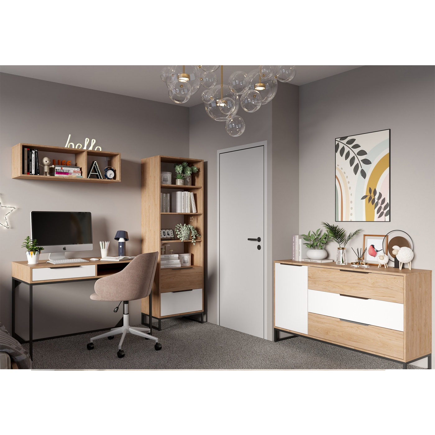 zestaw nowoczesny loft Landro 1 biurko komoda regał na nóżkach