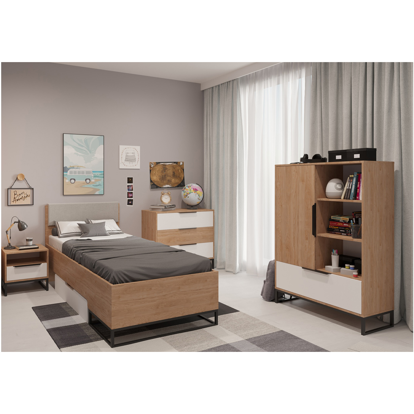 zestaw nowoczesny Landro 6 loft łóżko 90 komoda do pokoju sypialni