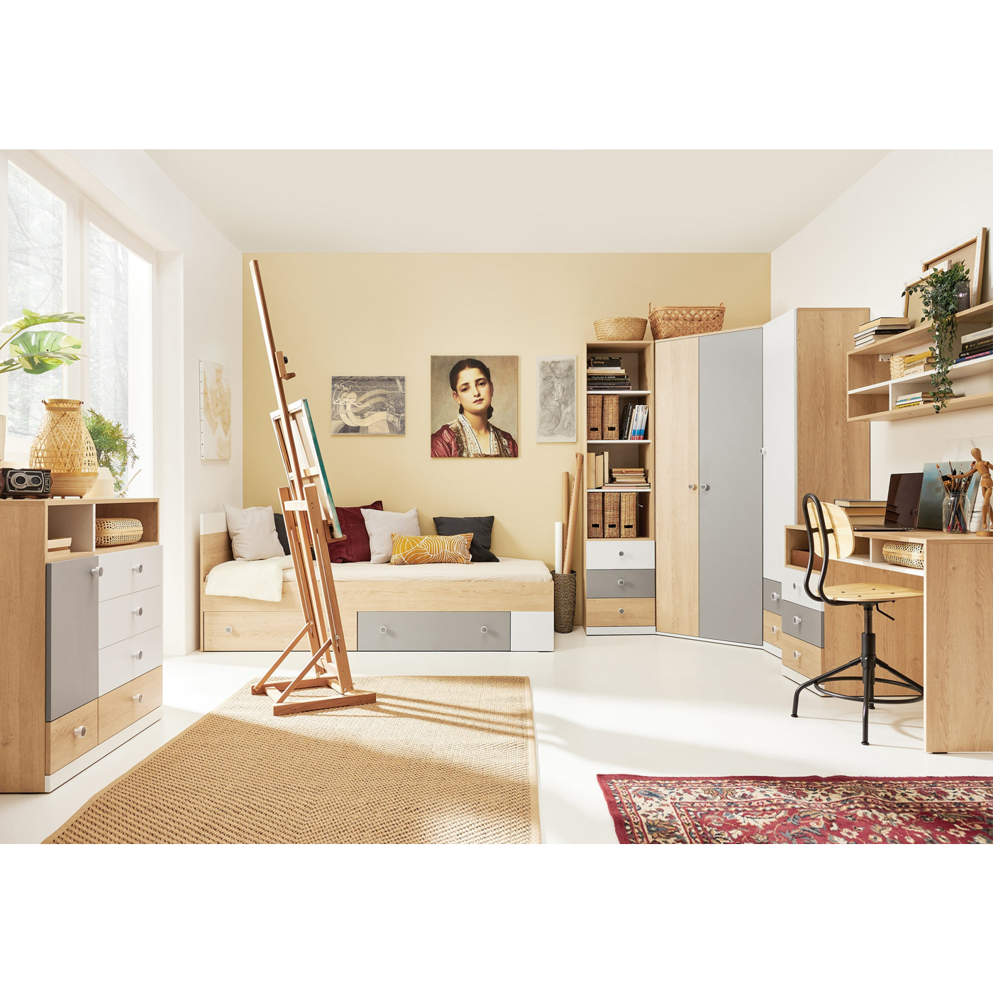 zestaw duży Pixel 4 biurko szafa narożna łóżko regał do pokoju sypialni