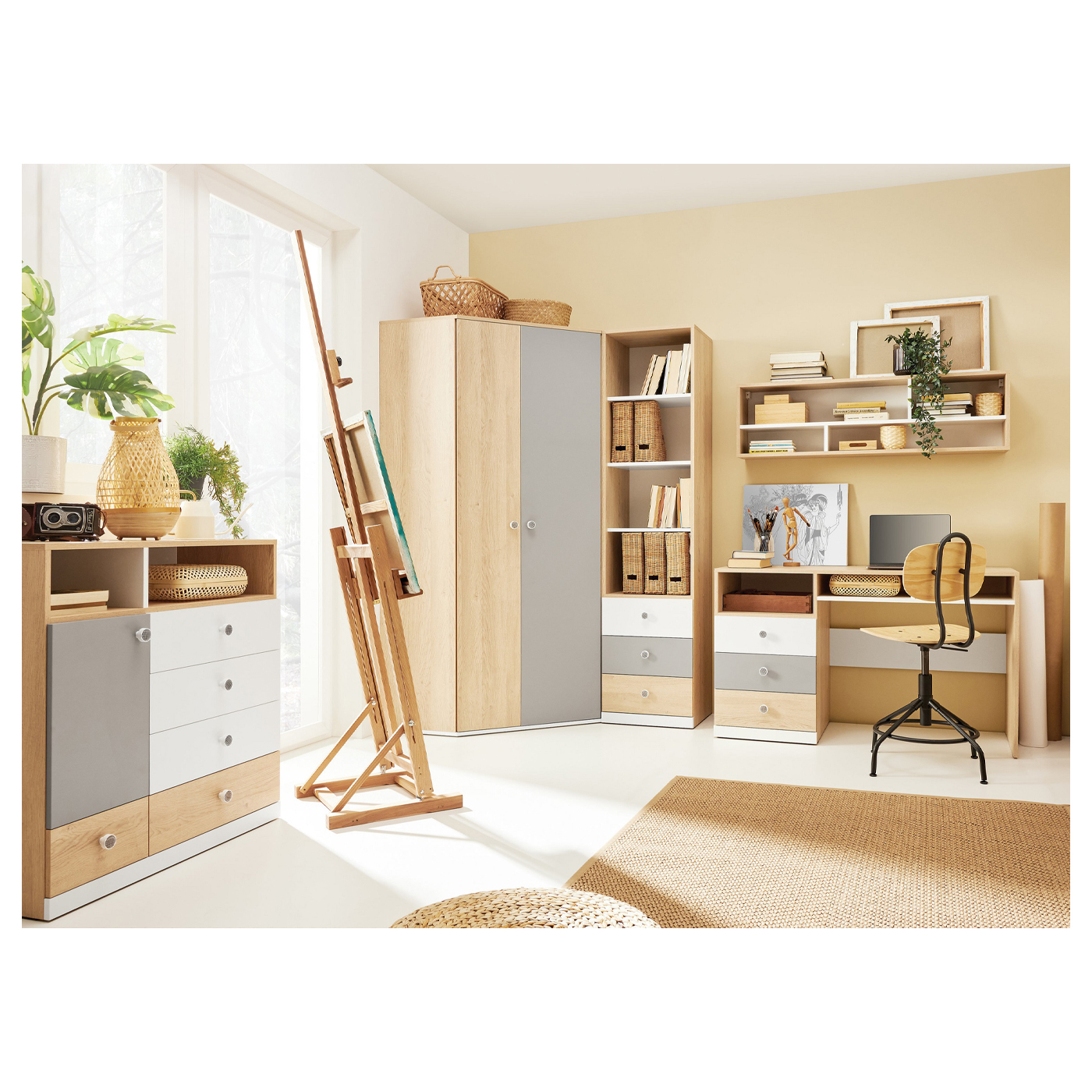 zestaw Pixel 5 biurko narożna szafa komoda regał do pokoju młodzieży