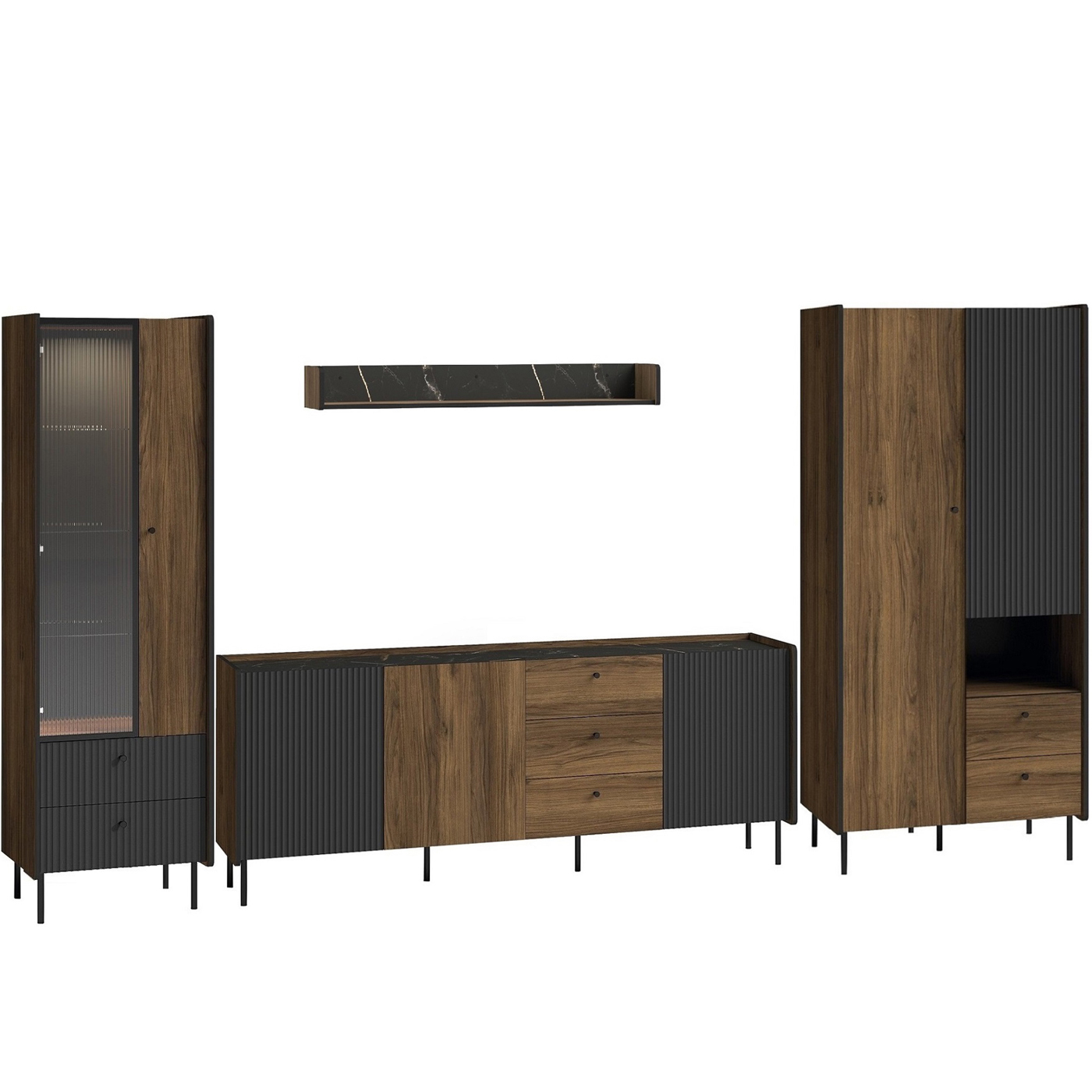 zestaw mebli pokojowych Prestigo C witrynka komoda szafa loft meblościanka orzech warmia san sebastian czarny do pokoju salonu