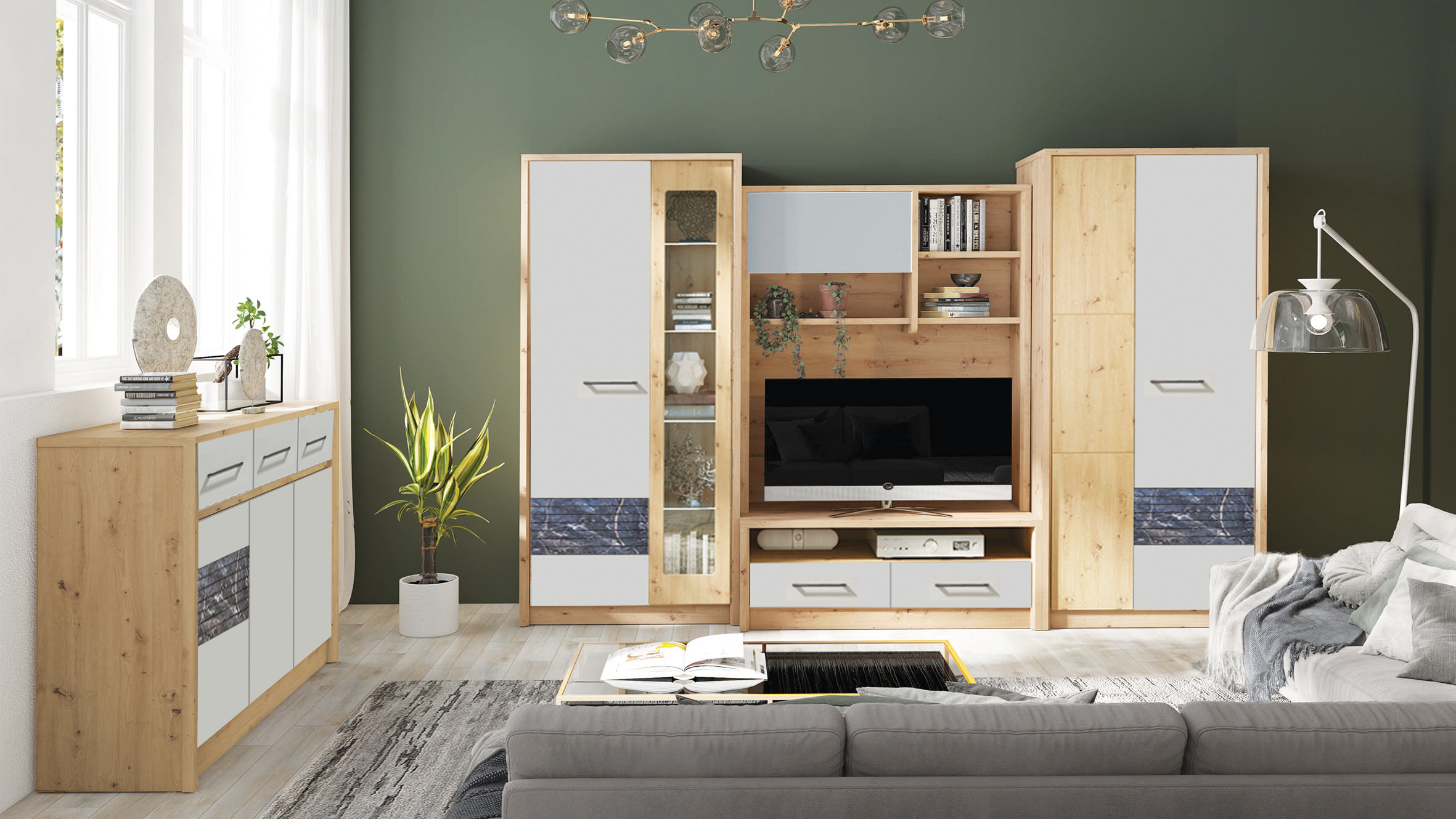 Meblościanka Rosso zestaw podstawowy z komodą ROS12 artisan marmur