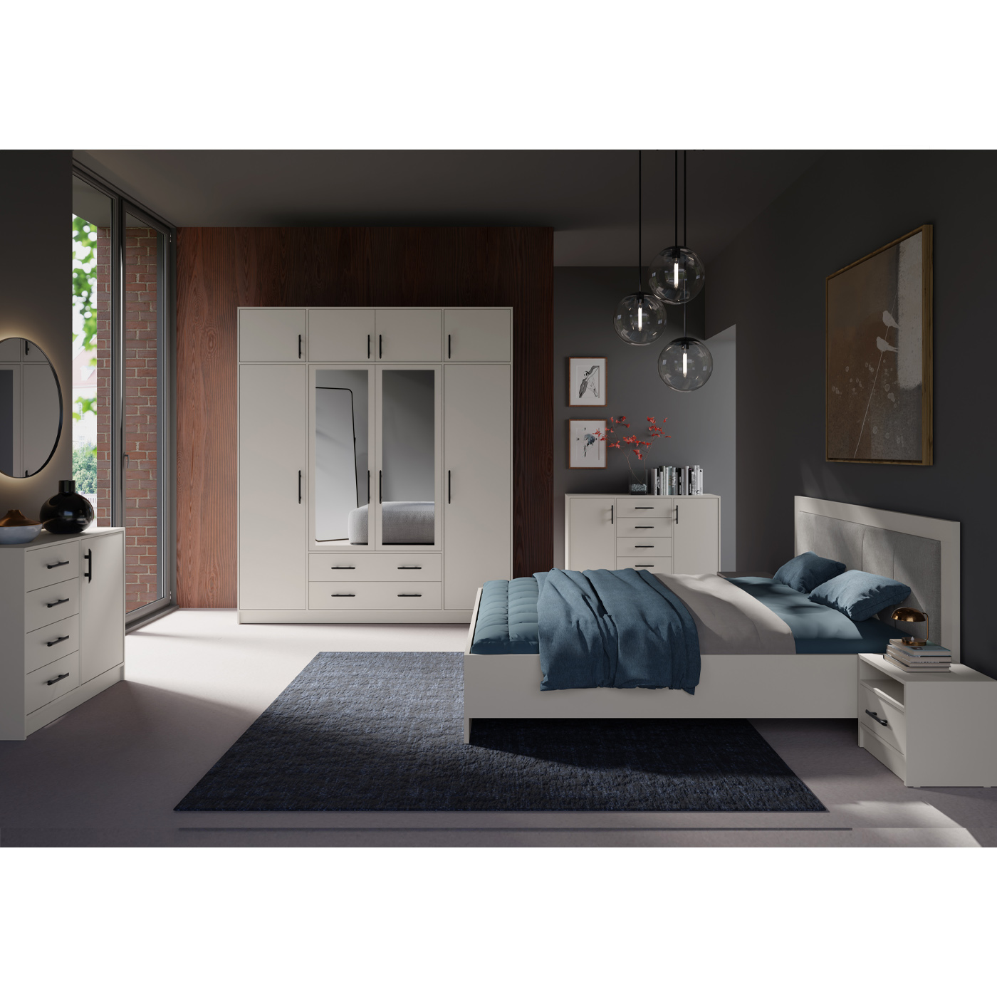 zestaw sypialnia Smart 10 łóżko z pojemnikiem szafa z nadstawką komoda