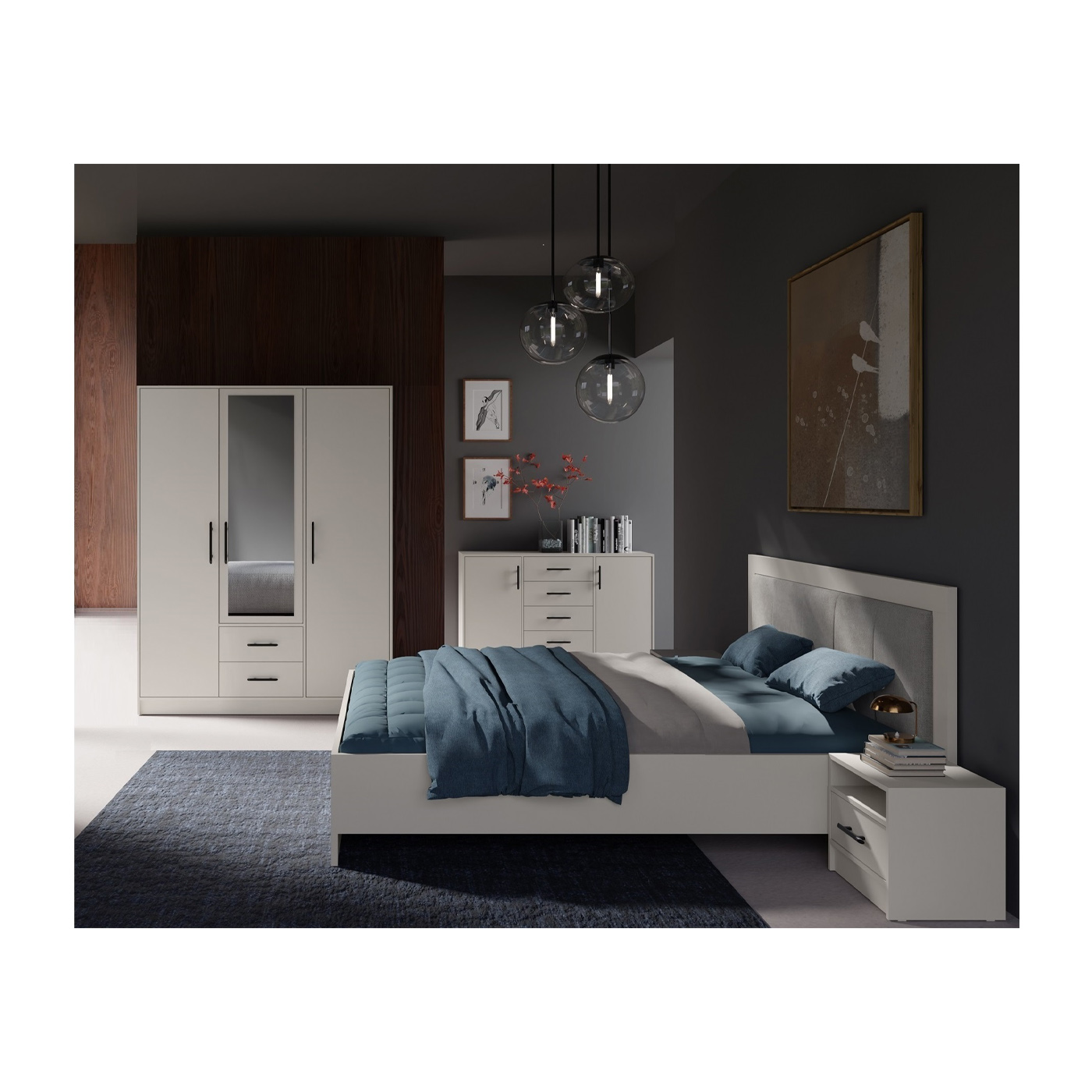 zestaw sypialniany Smart M łóżko komoda szafa stolik cashmere