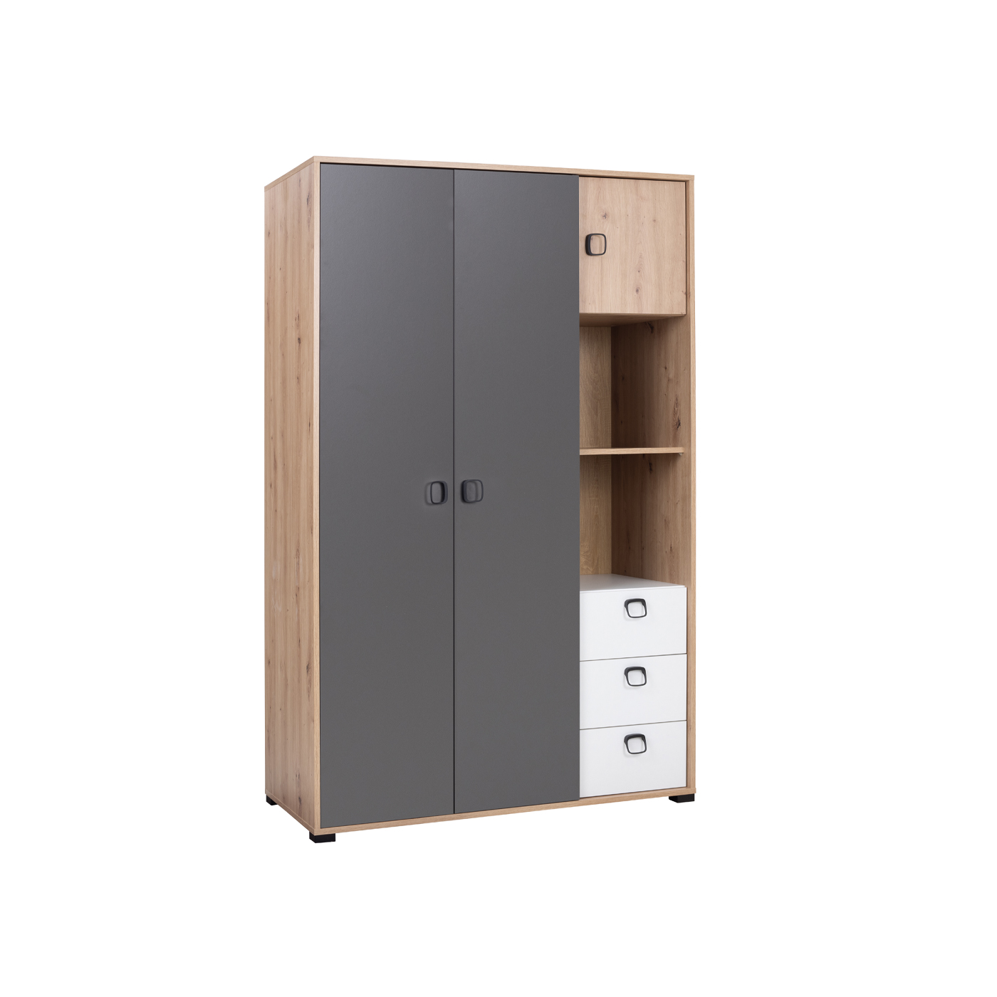 szafa 120 trzydrzwiowa z szufladmi półkami drążkiem Kevin 01 garderoba