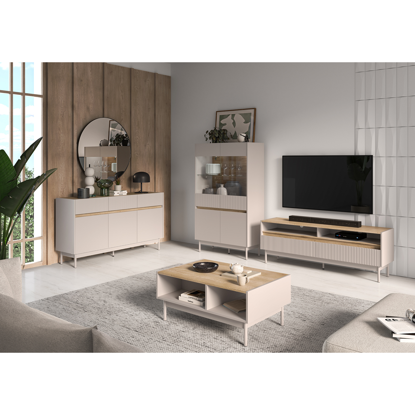 zestaw nowoczesna meblościanka Dunea 1 komoda rtv witryna ława