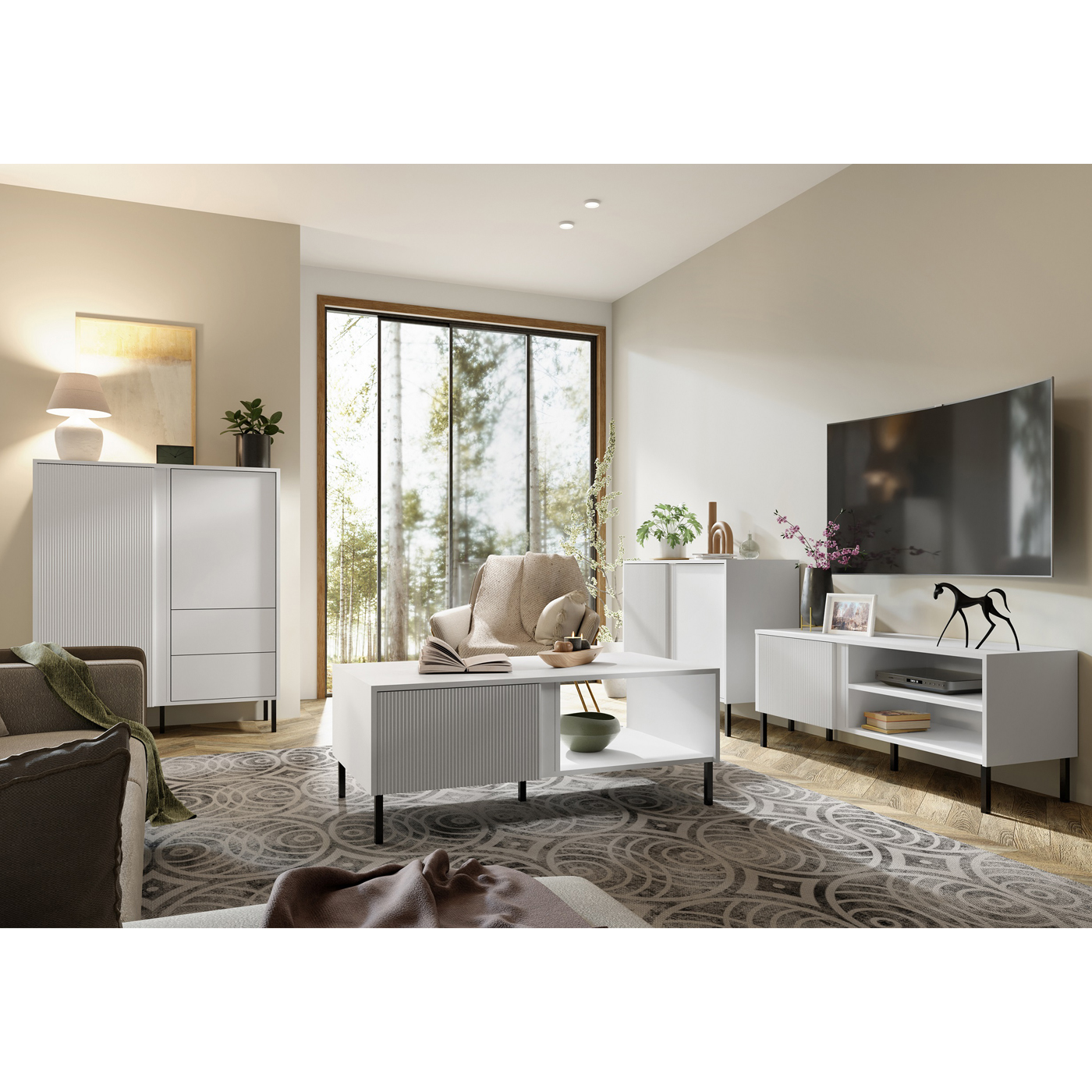 zestaw duży biały Mia 1 komoda szafka rtv ława frezowana z nogami