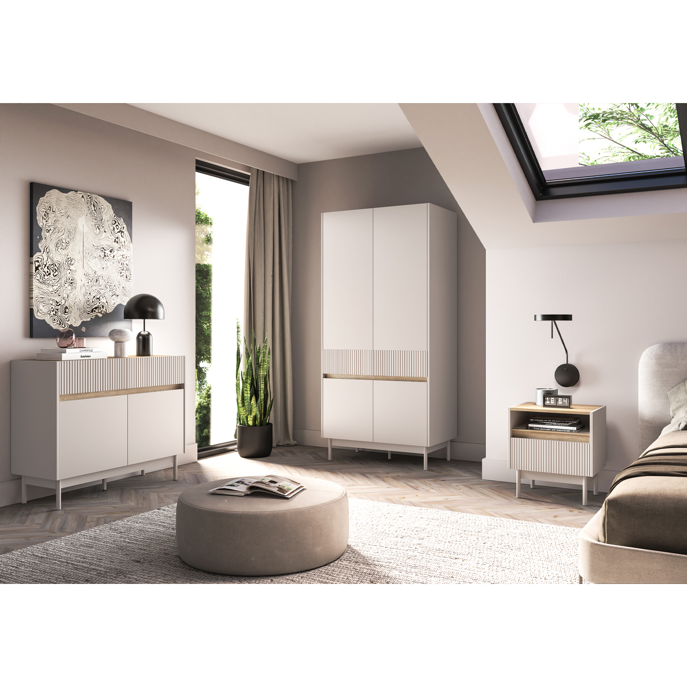 zestaw nowoczesna sypialnia Dunea 2 komoda szafa stolik nocny frez